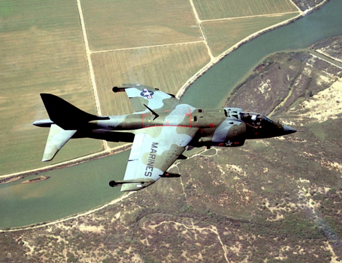 US Marine Corps AV-8A Harrier of VMA-513 Flying Nightmares in flight, 1974