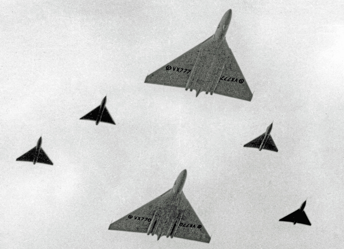 The two white Avro Vulcan prototypes VX770 and VX777 at the Farnborough air show in 1953