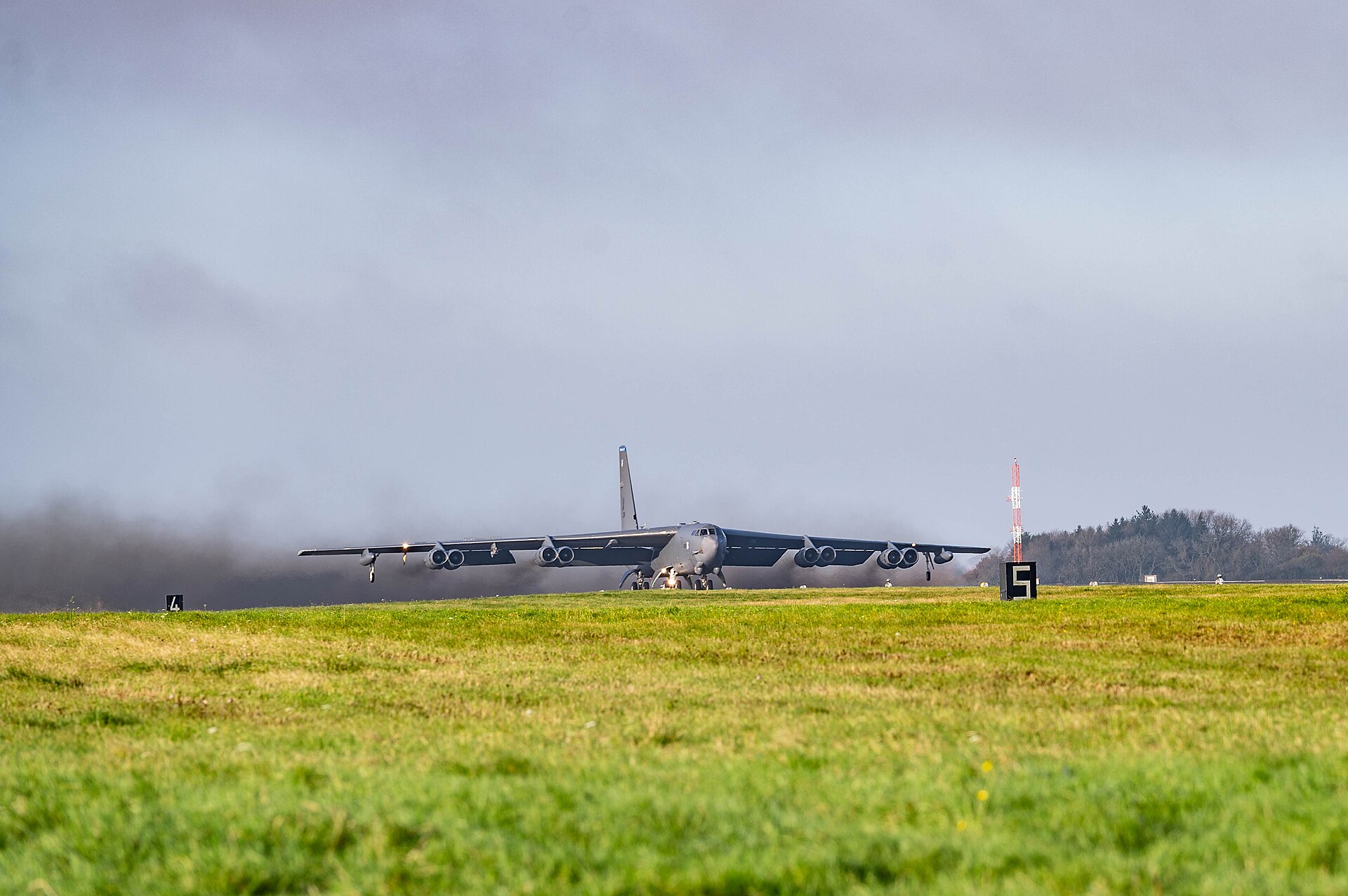 Two US Air Force B-52H Stratofortress bombers taking off from RAF Fairford