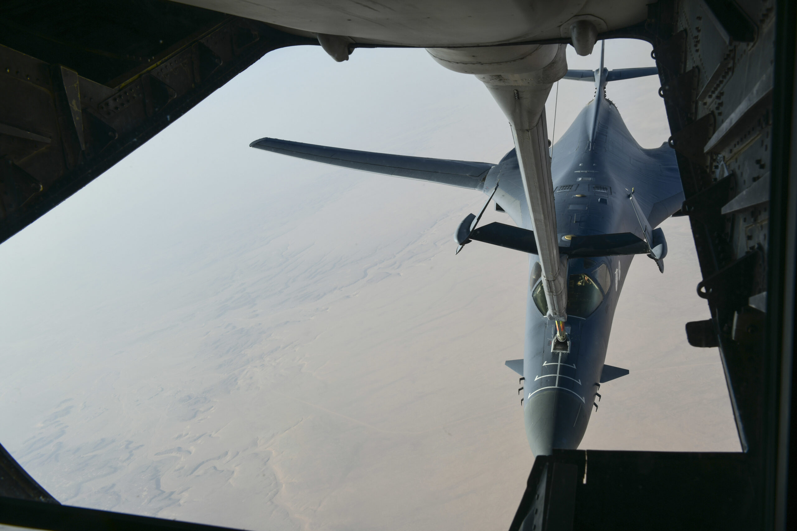B-1B Lancer photographed from the boom pod of a KC-10 tanker after aerial refueling