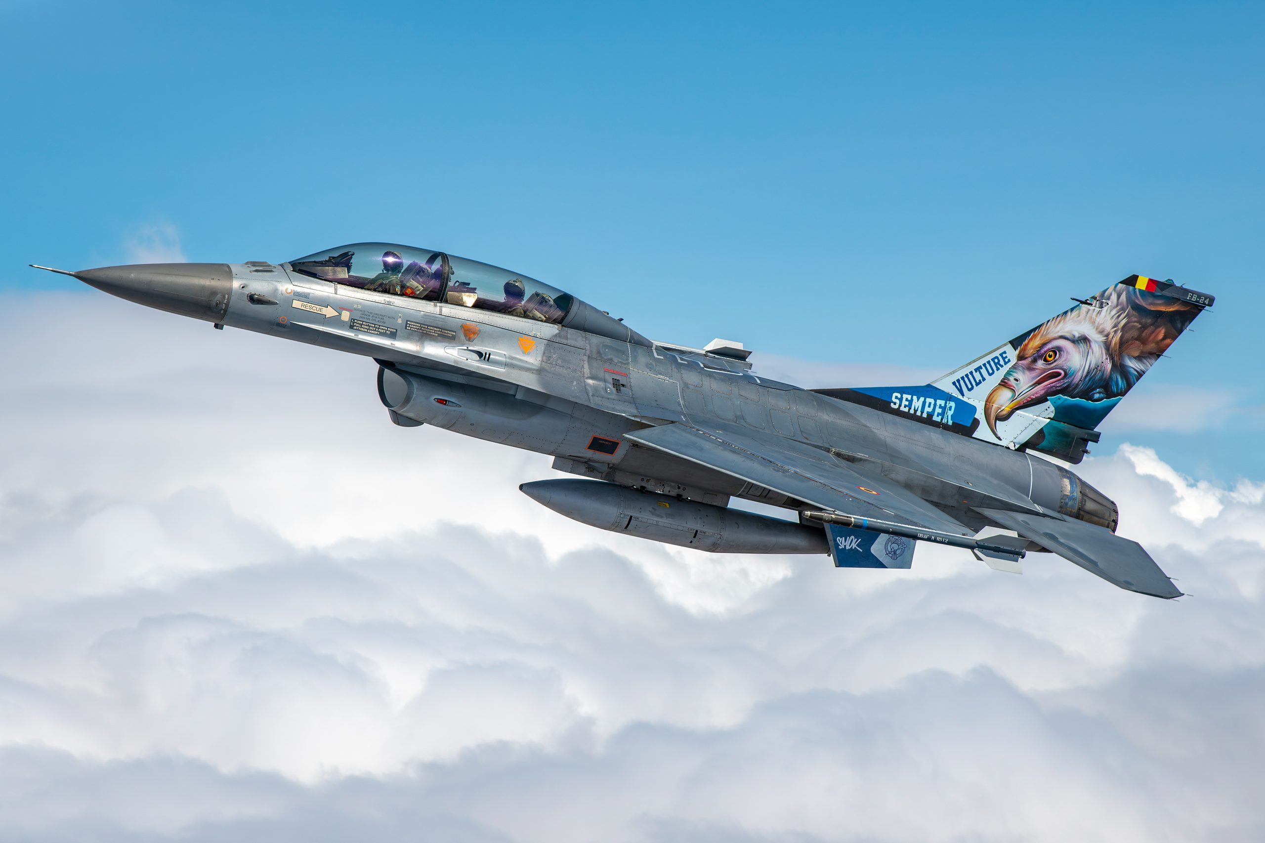 Belgian Air Force F-16BM Fighting Falcon FB-24 with Semper Vulture tail art, air to air