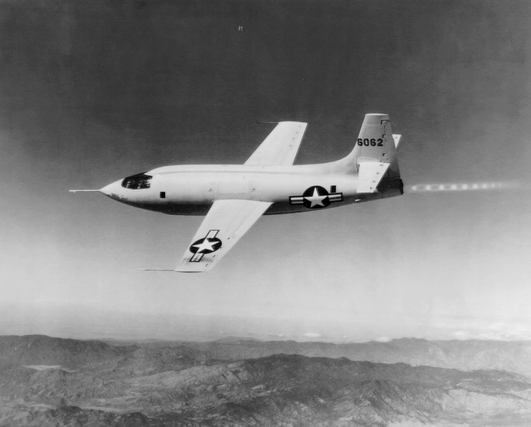Bell X-1 rocket plane in flight over the high desert, 1947