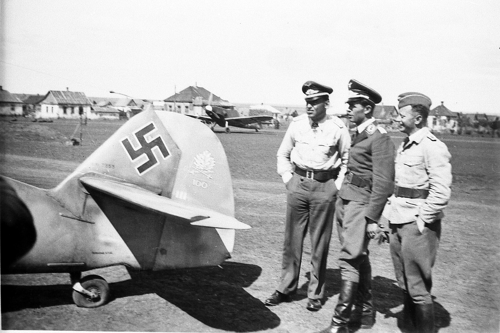 Luftwaffe ace Heinz Baer beside the tail of his Bf 109 F, Eastern Front, 1942