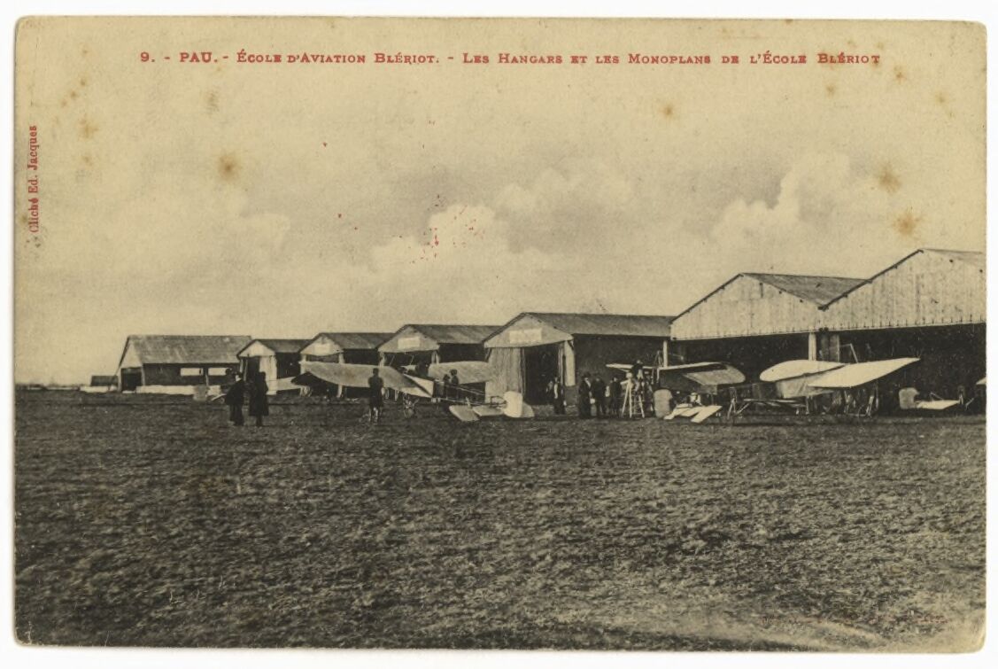 Hangars and monoplanes of the Bleriot flying school at Pau