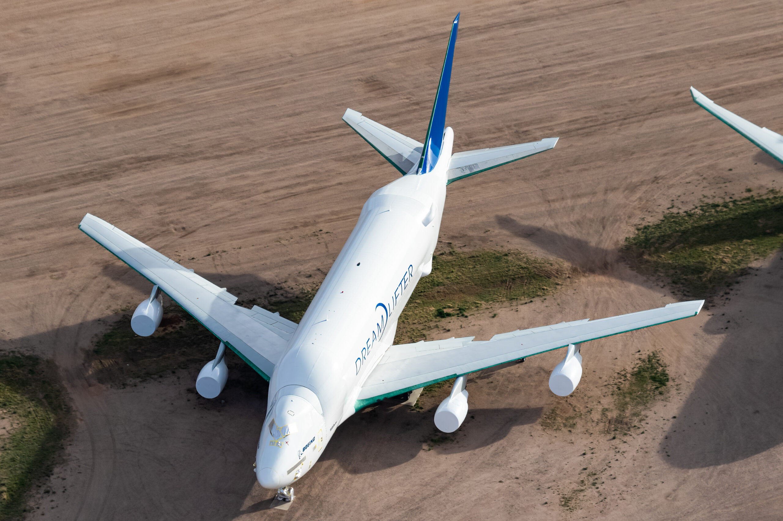 Aerial view of Boeing 747-409 Dreamlifter N249BA stored at Pinal Airpark, Marana, Arizona