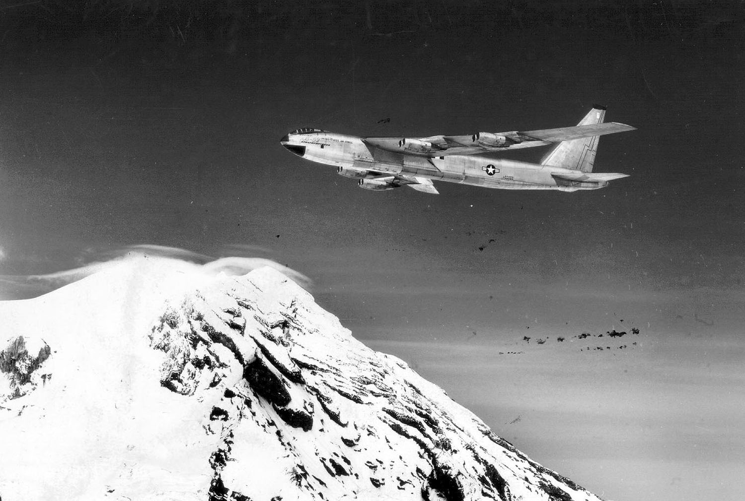 Boeing XB-52 prototype in flight with its original tandem bubble canopy