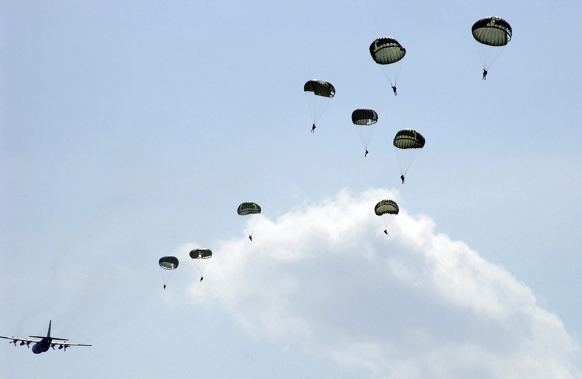 US Air Force paratroopers jumping from a C-130 Hercules during a static line airdrop