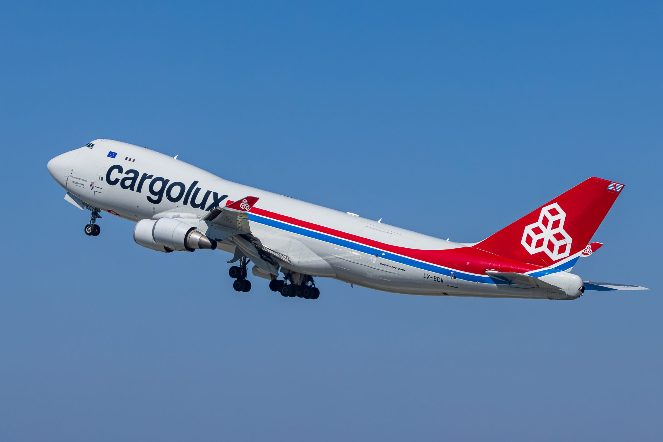Cargolux Boeing 747-400F LX-ECV climbing out of Los Angeles International against a clear blue sky
