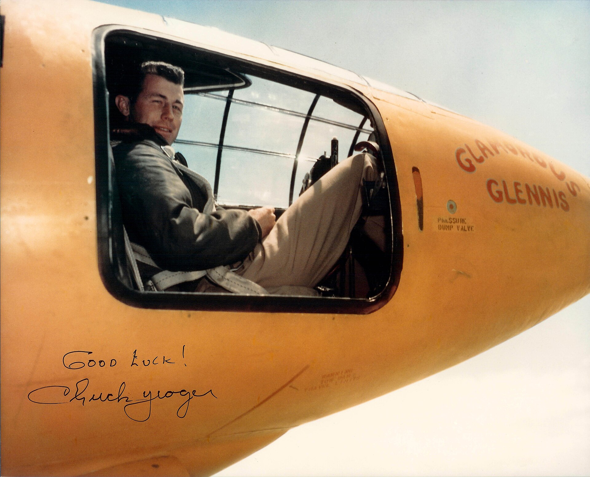 Chuck Yeager seated in the cockpit of the Bell X-1 Glamorous Glennis