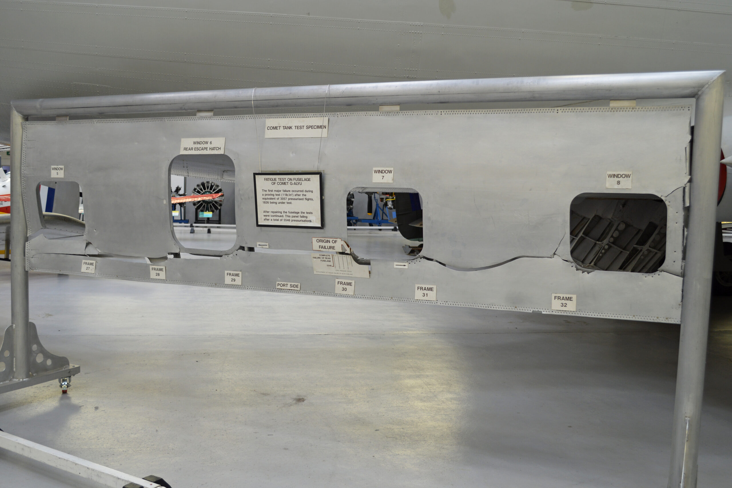 Preserved fuselage panel from Comet 1 G-ALYU, the airframe fatigue-tested in the Farnborough water tank