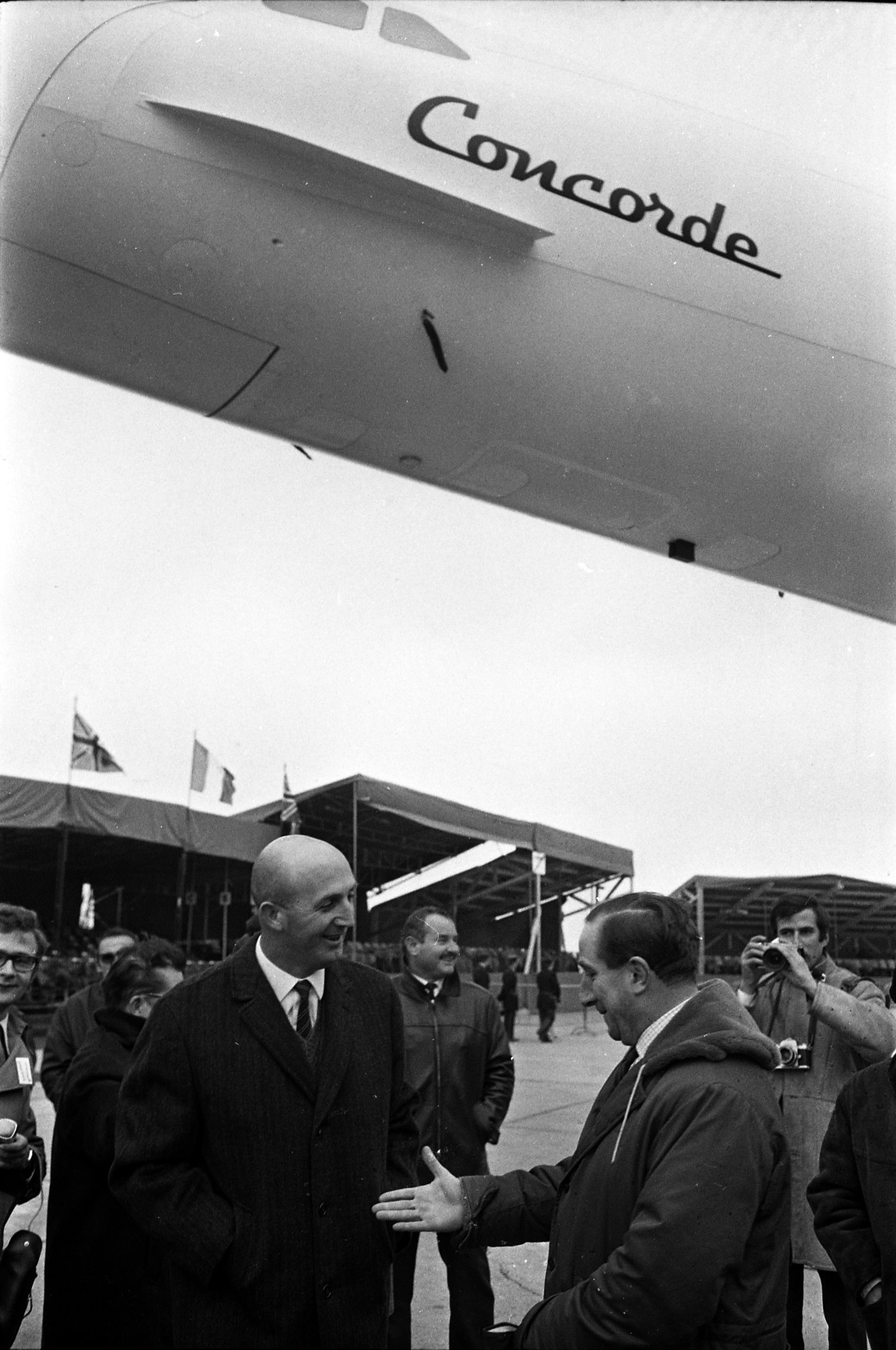 André Turcat and Brian Trubshaw beneath Concorde 001 at its official presentation, Toulouse, 11 December 1967