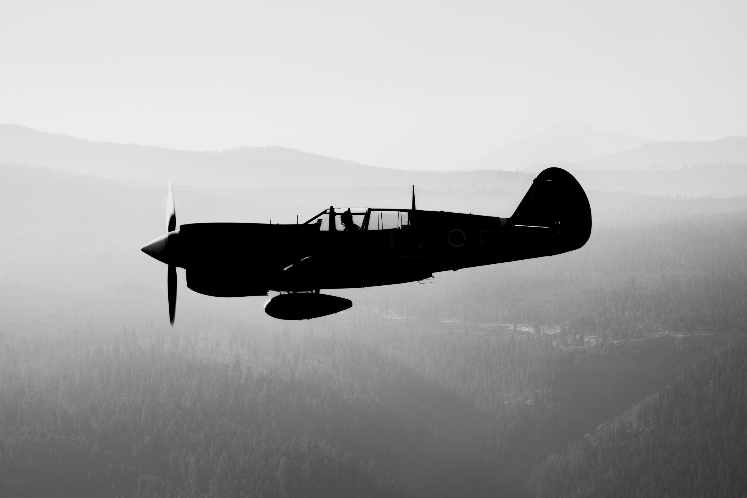 Curtiss P-40 Kittyhawk in dramatic silhouette against hazy mountains