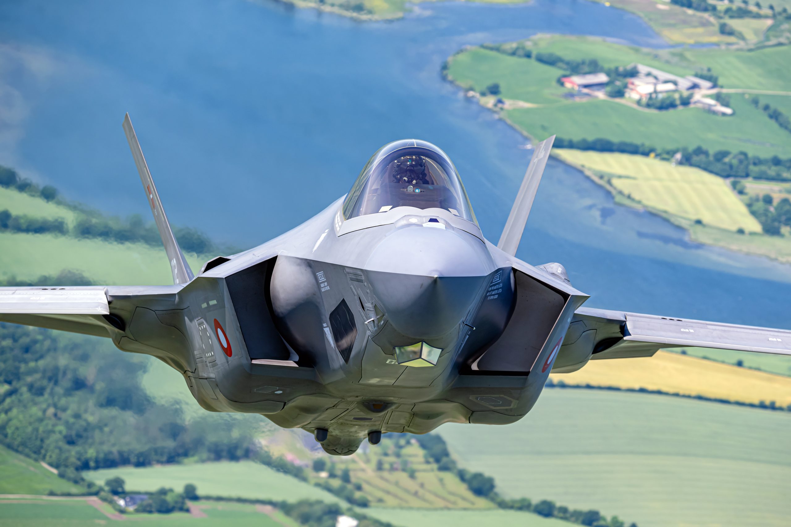 Royal Danish Air Force F-35A L-002 head-on over the coastline
