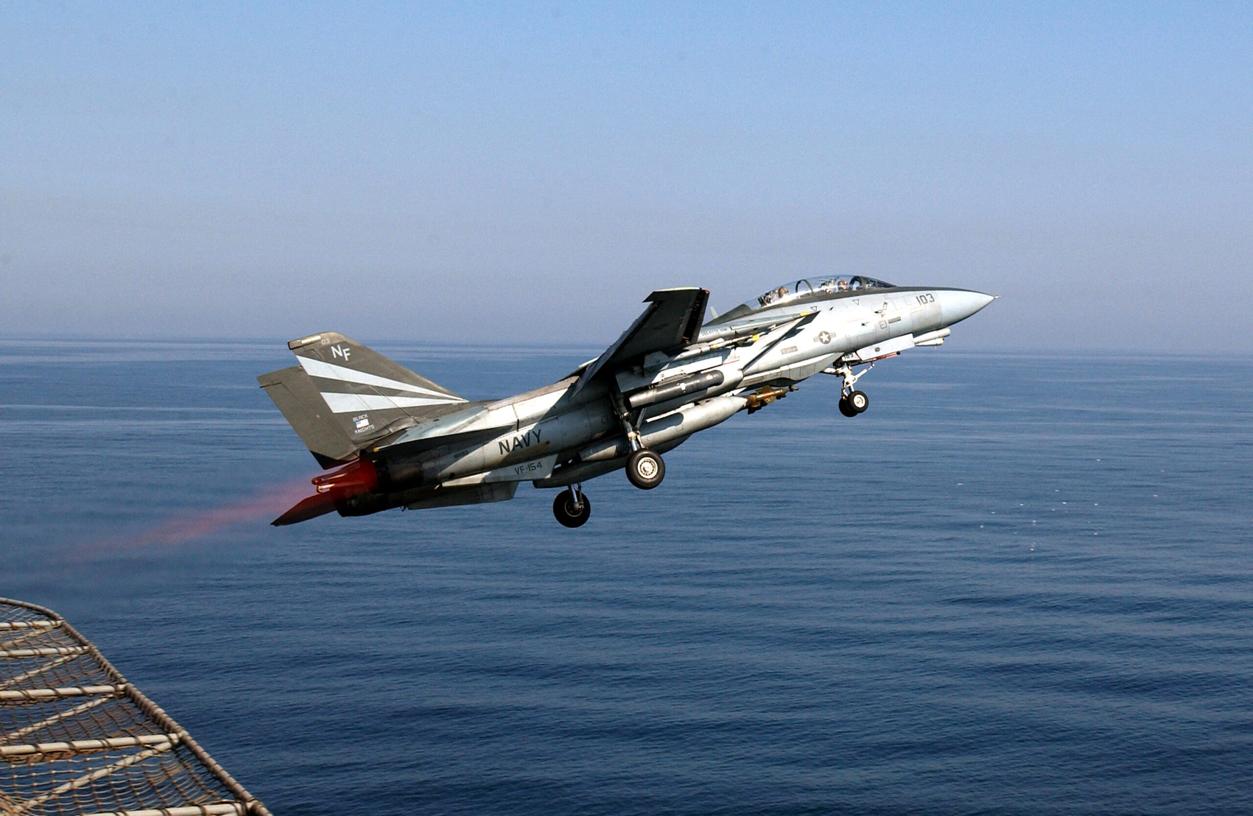 F-14A Tomcat of VF-154 Black Knights making a catapult launch from an aircraft carrier