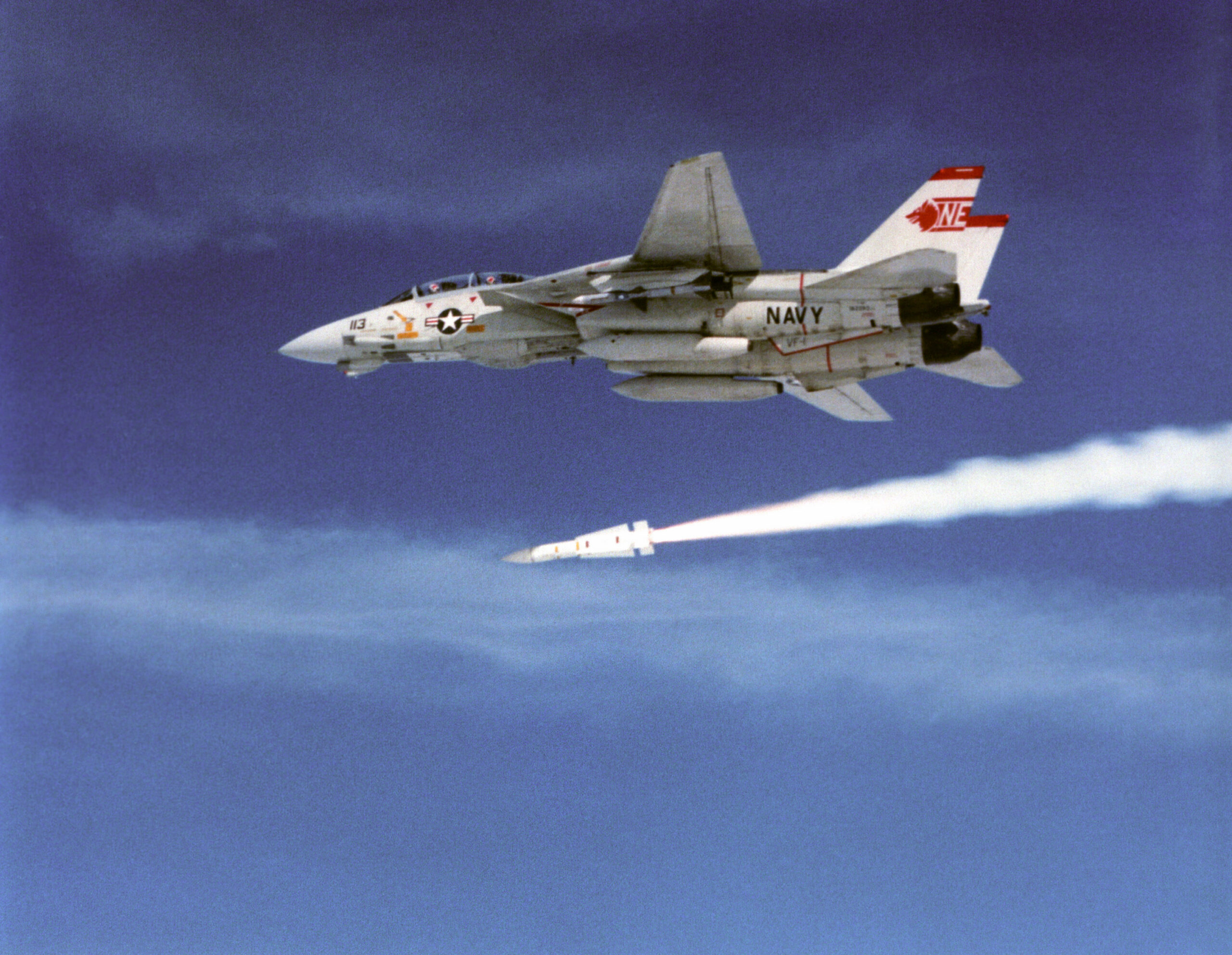 F-14A Tomcat of VF-1 launching an AIM-54 Phoenix long-range air-to-air missile