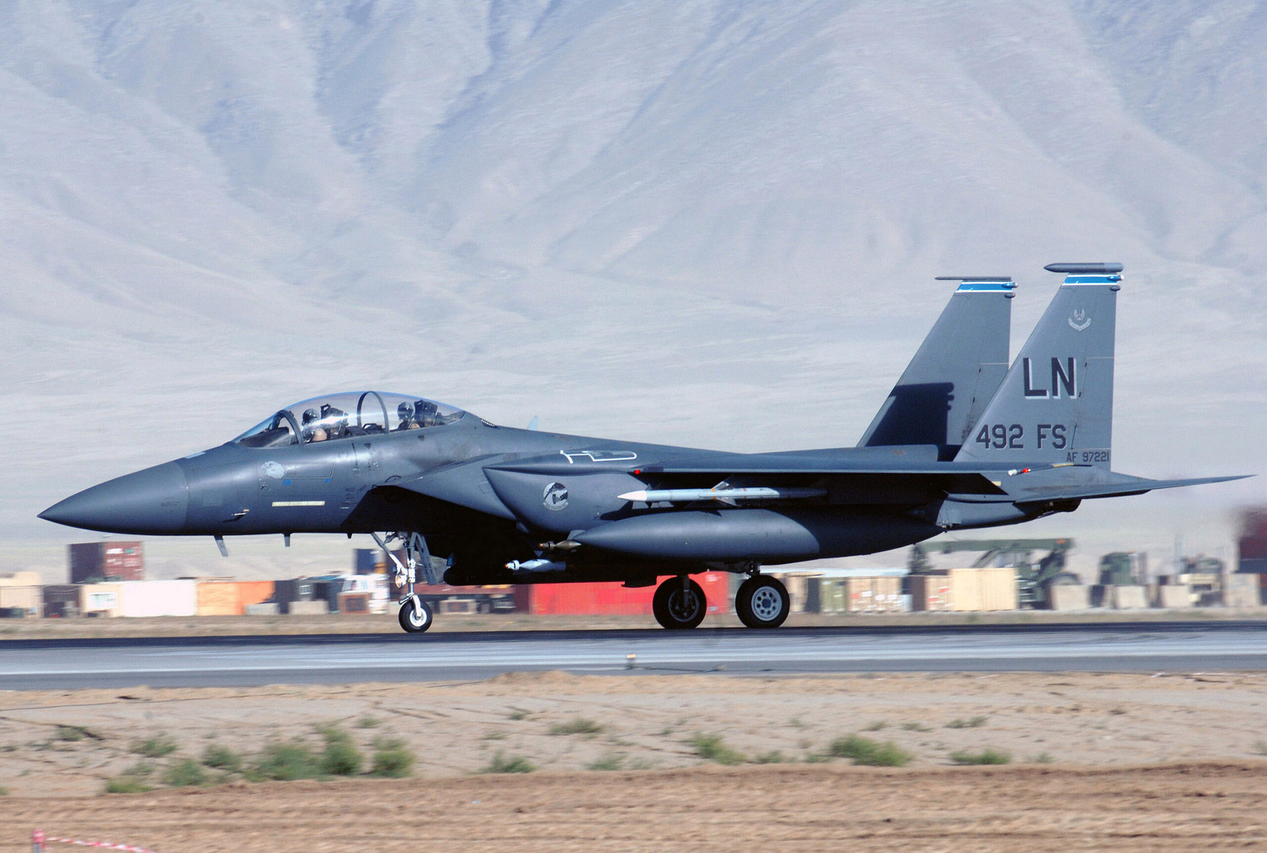 F-15E Strike Eagle of the 492nd Expeditionary Fighter Squadron taking off from Bagram Airfield