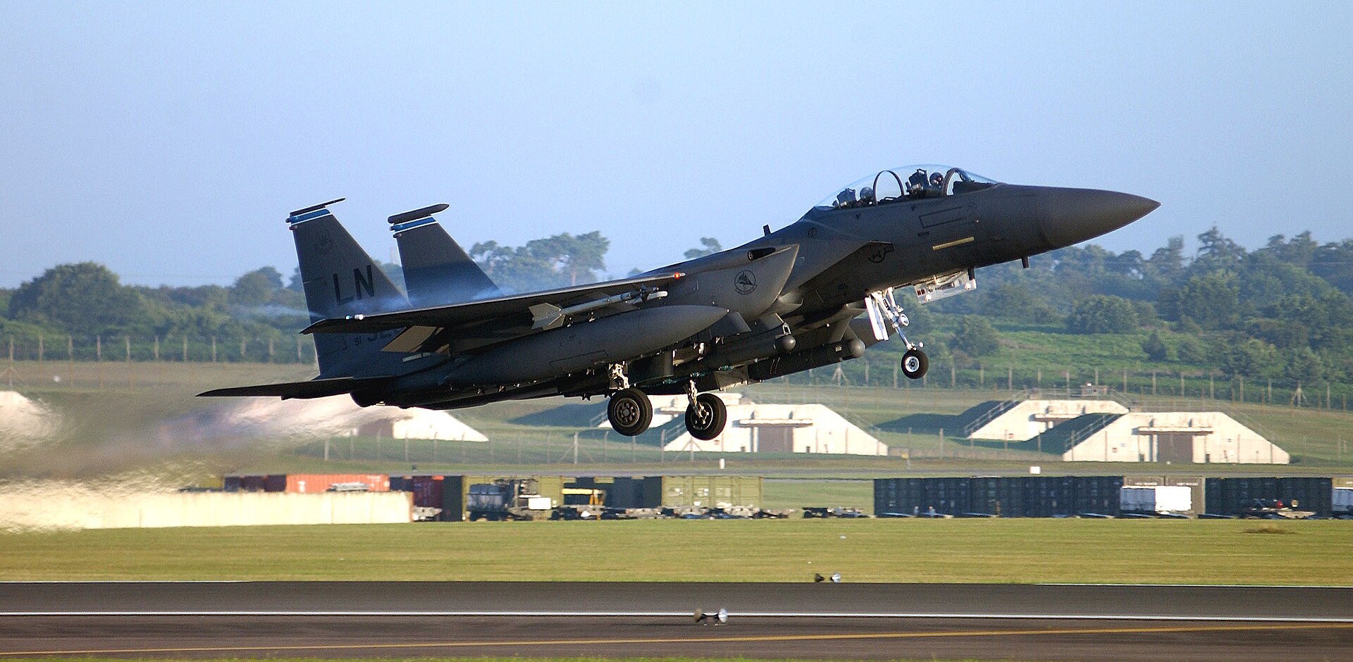 F-15E Strike Eagle of the 494th Fighter Squadron taking off from RAF Lakenheath