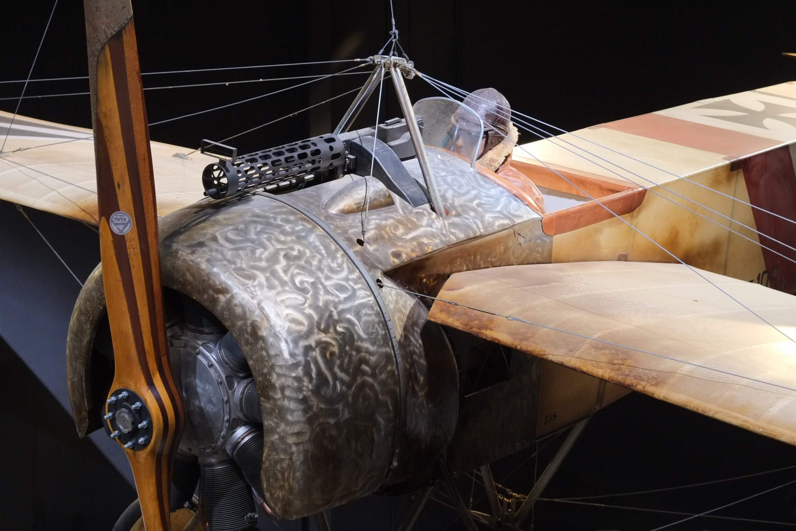 Front view of a Fokker E.III Eindecker replica showing the machine gun mounted behind the propeller
