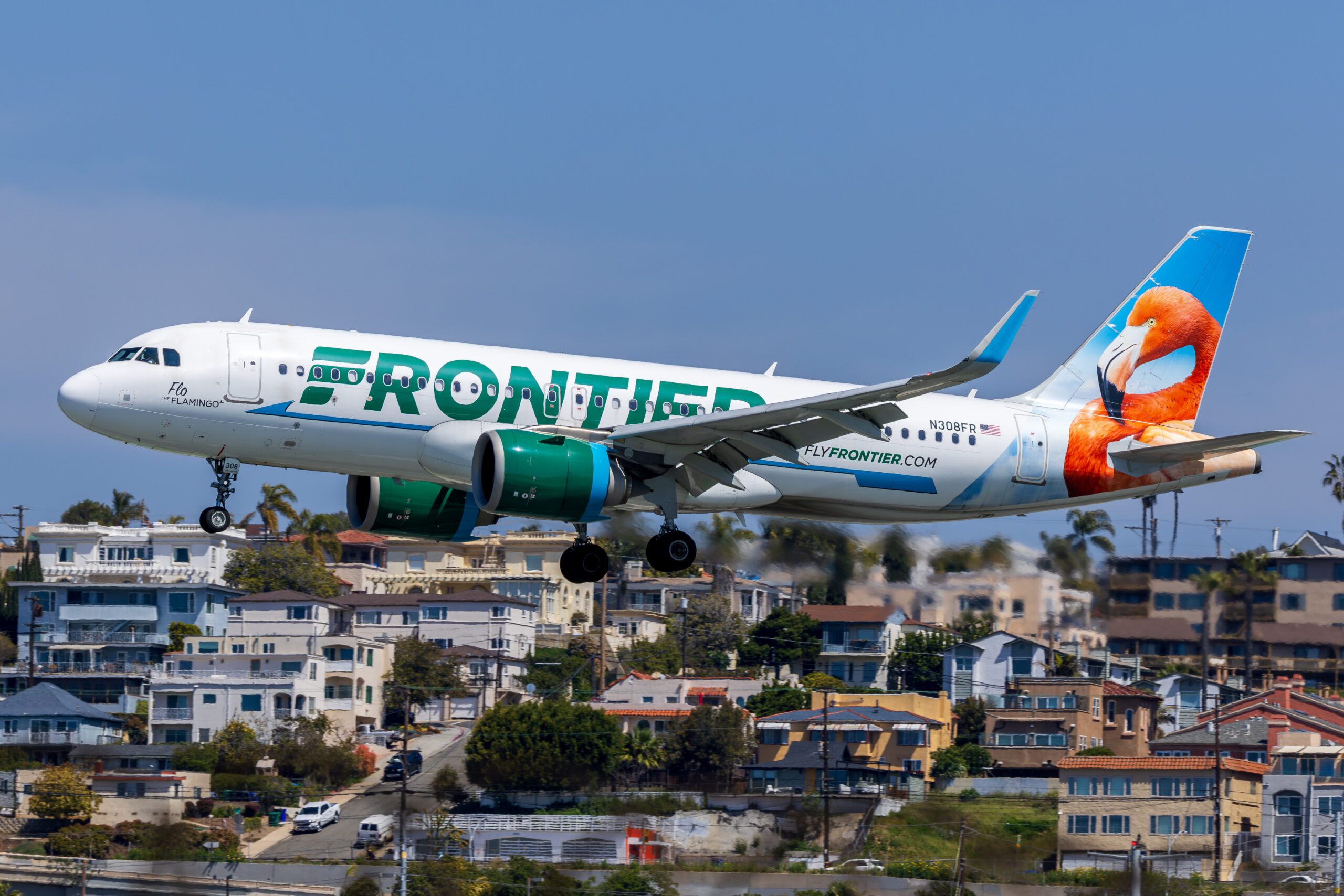 Frontier Airlines Airbus A321 N308FR with animal tail livery on approach at San Diego