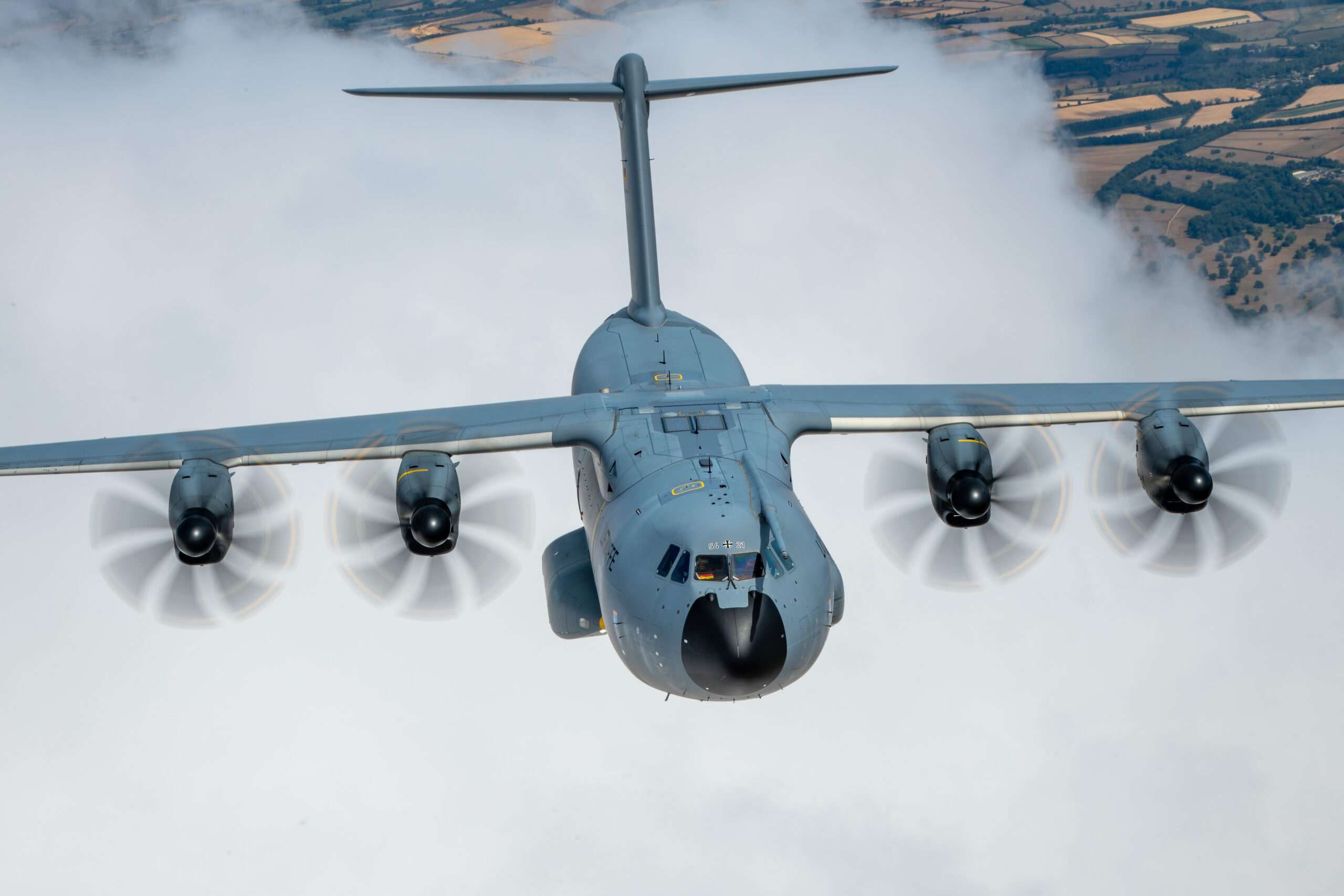 German Air Force Airbus A400M Atlas head-on with prop discs, air to air at RIAT