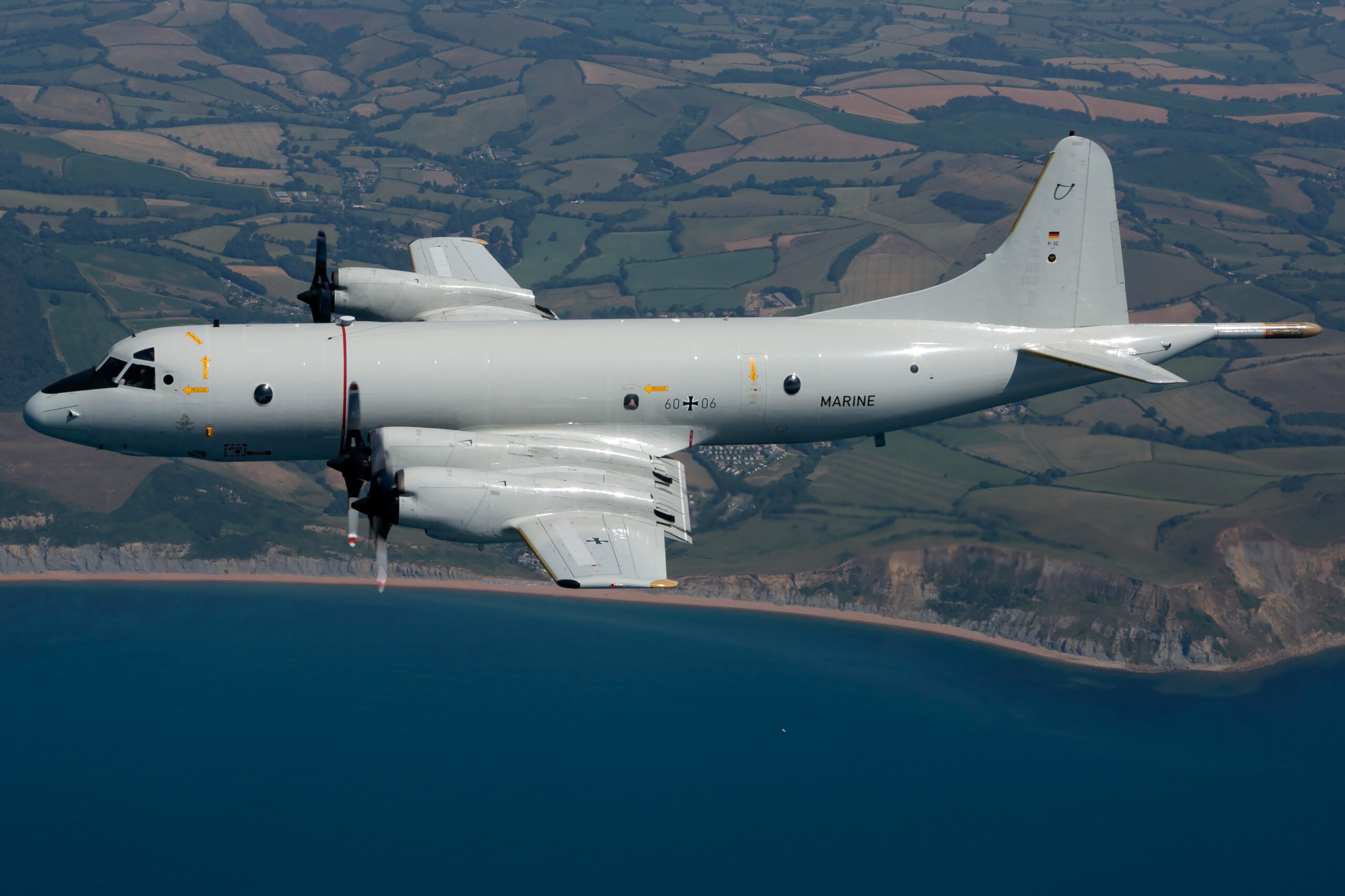 German Navy P-3C Orion maritime patrol aircraft with all four turboprops turning