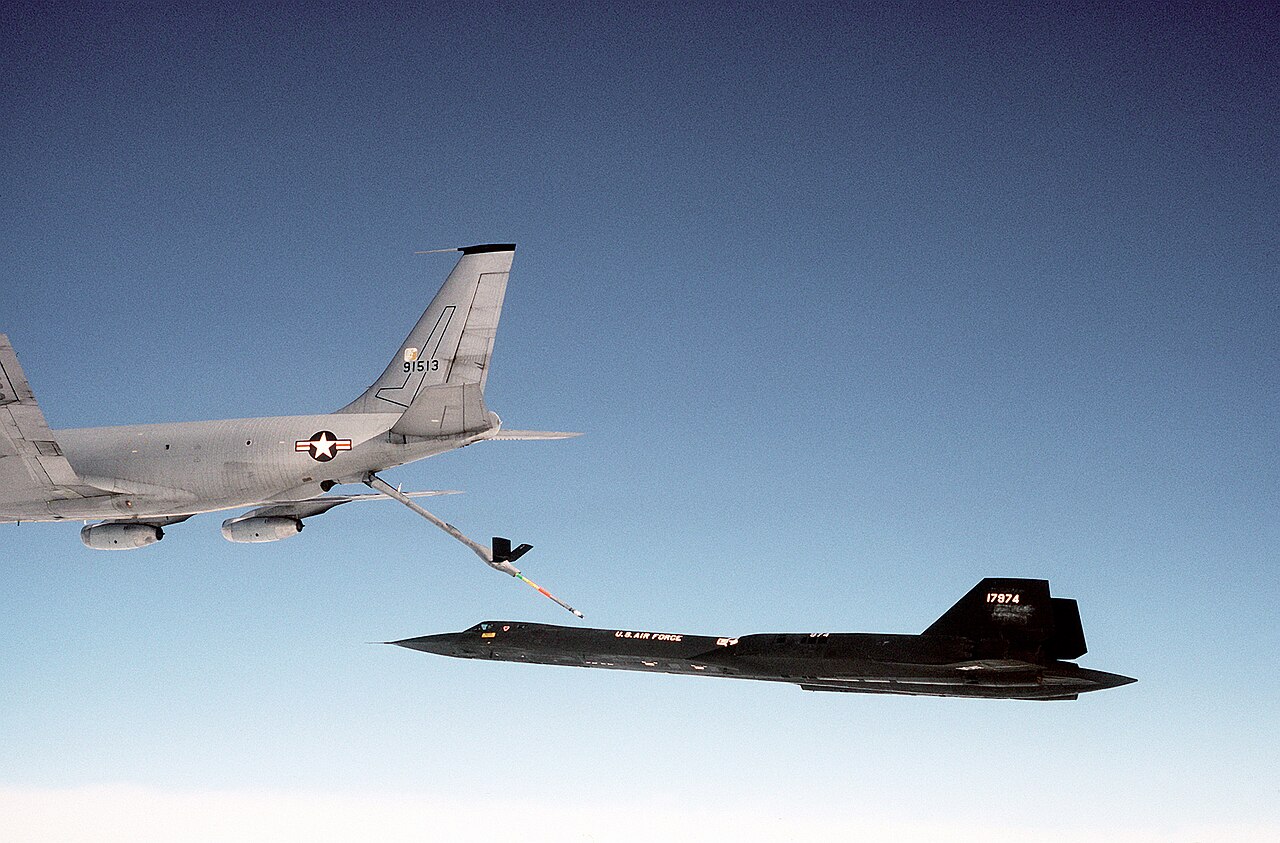 Boeing KC-135Q tanker refuelling an SR-71 in flight