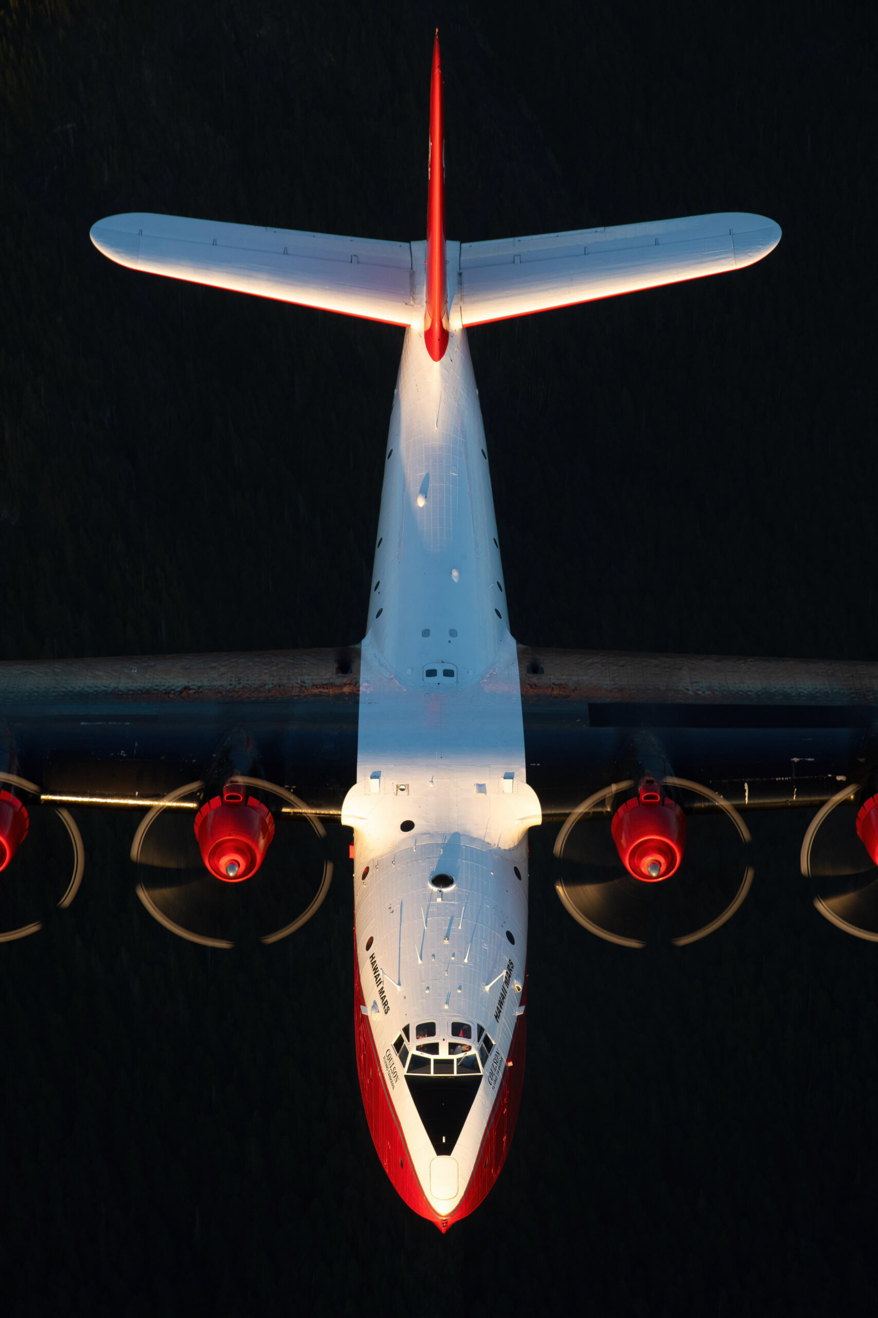Martin JRM Hawaii Mars flying boat from above with four propeller discs