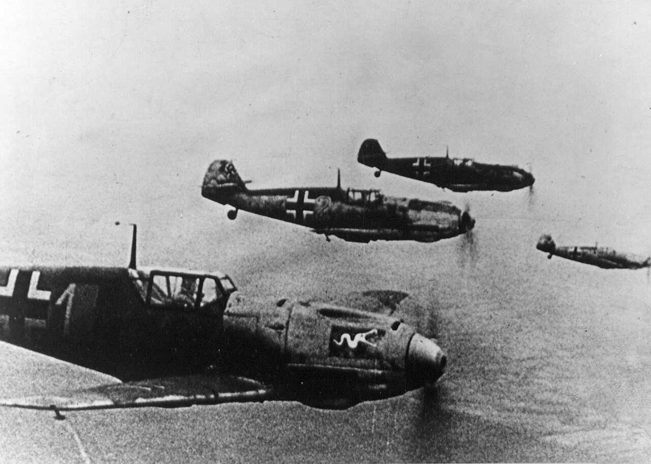 Messerschmitt Bf 109Es of Jagdgeschwader 3 in flight during the Battle of Britain, 1940