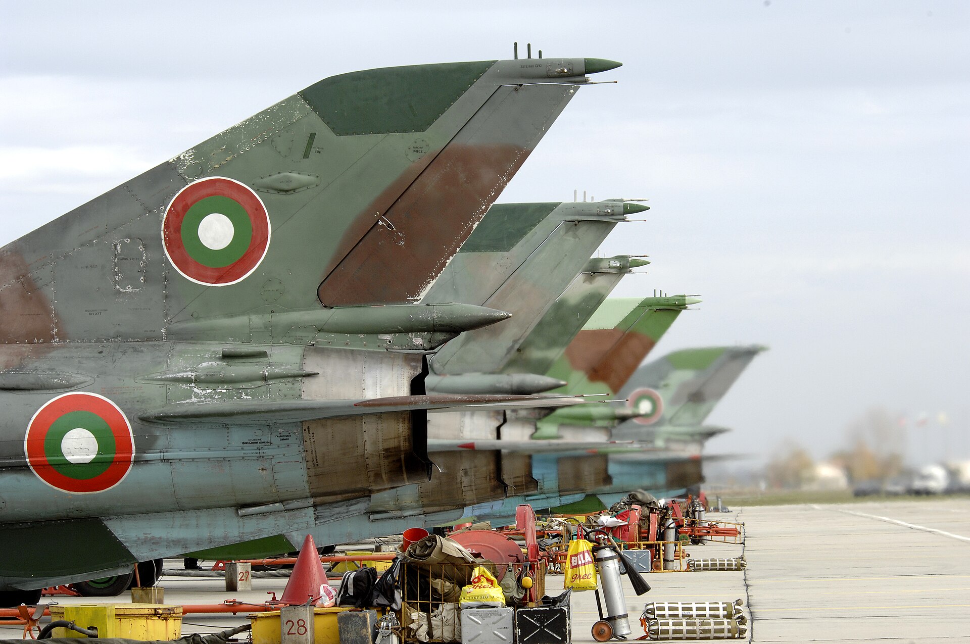 The tails of Bangladesh Air Force MiG-21 fighters lined up