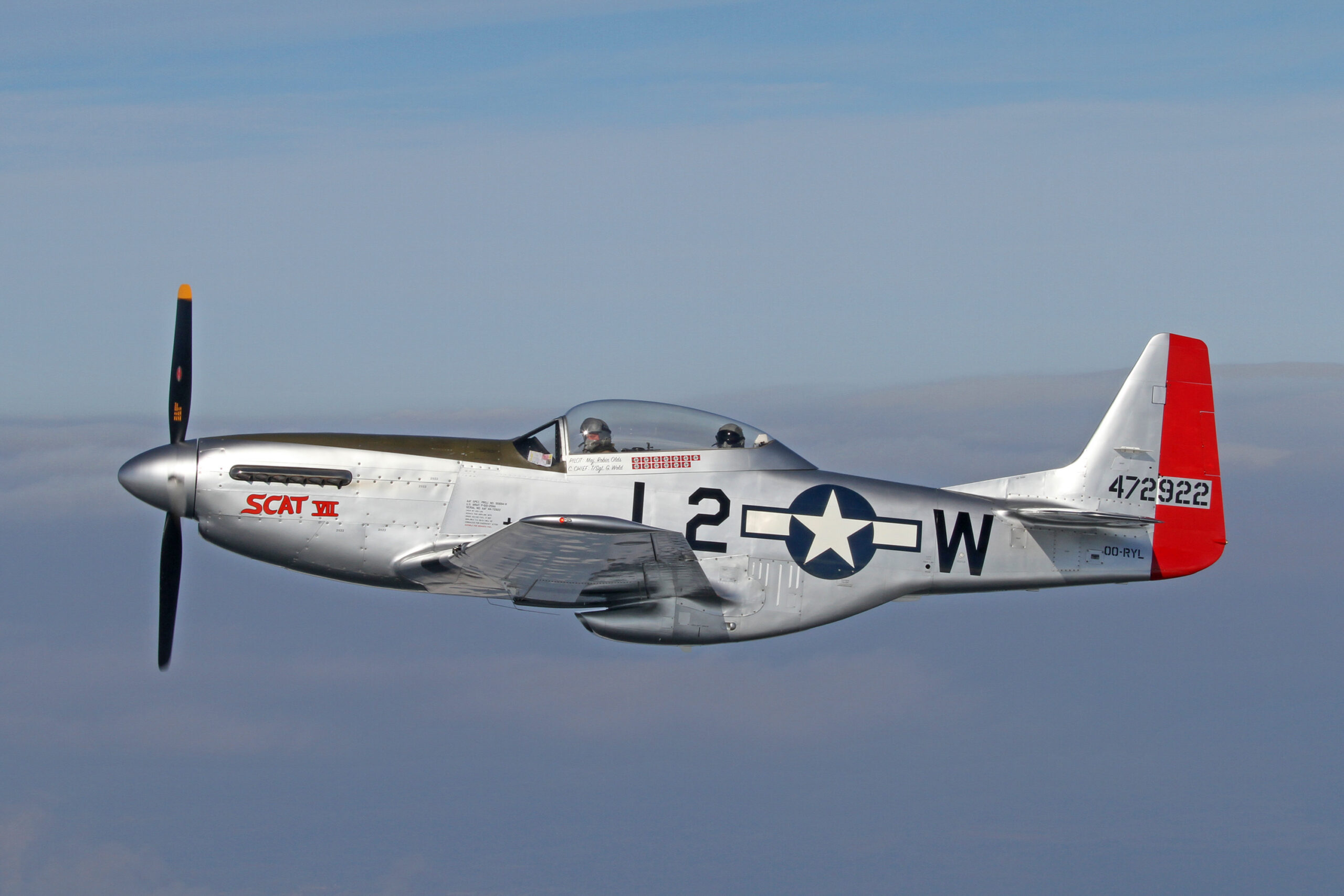 Polished-metal P-51 Mustang Scat VII in level flight, side profile