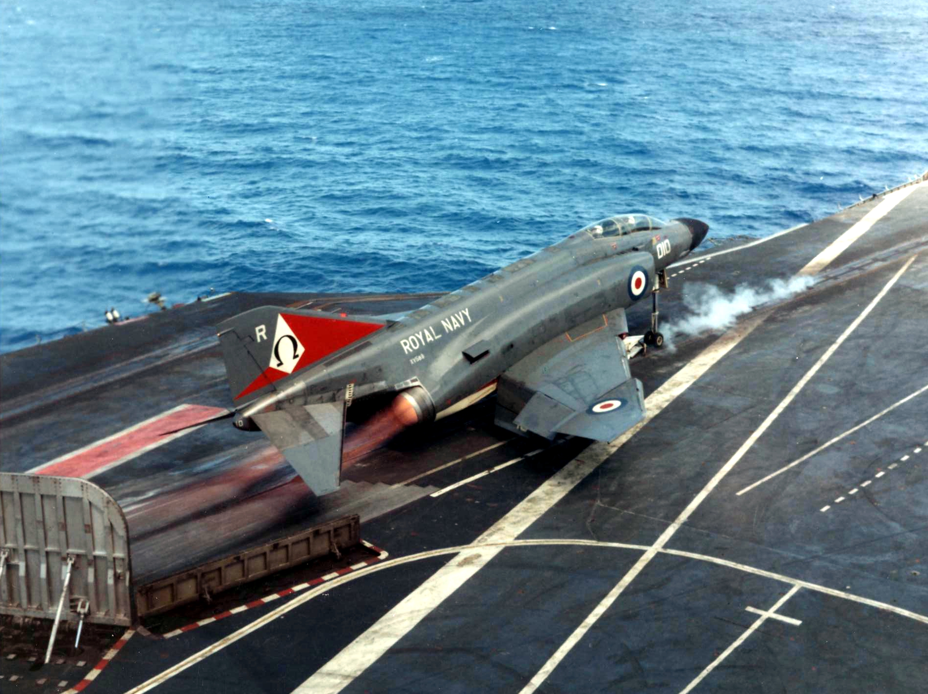 Royal Navy Phantom FG.1 of 892 Naval Air Squadron launching from HMS Ark Royal in 1972