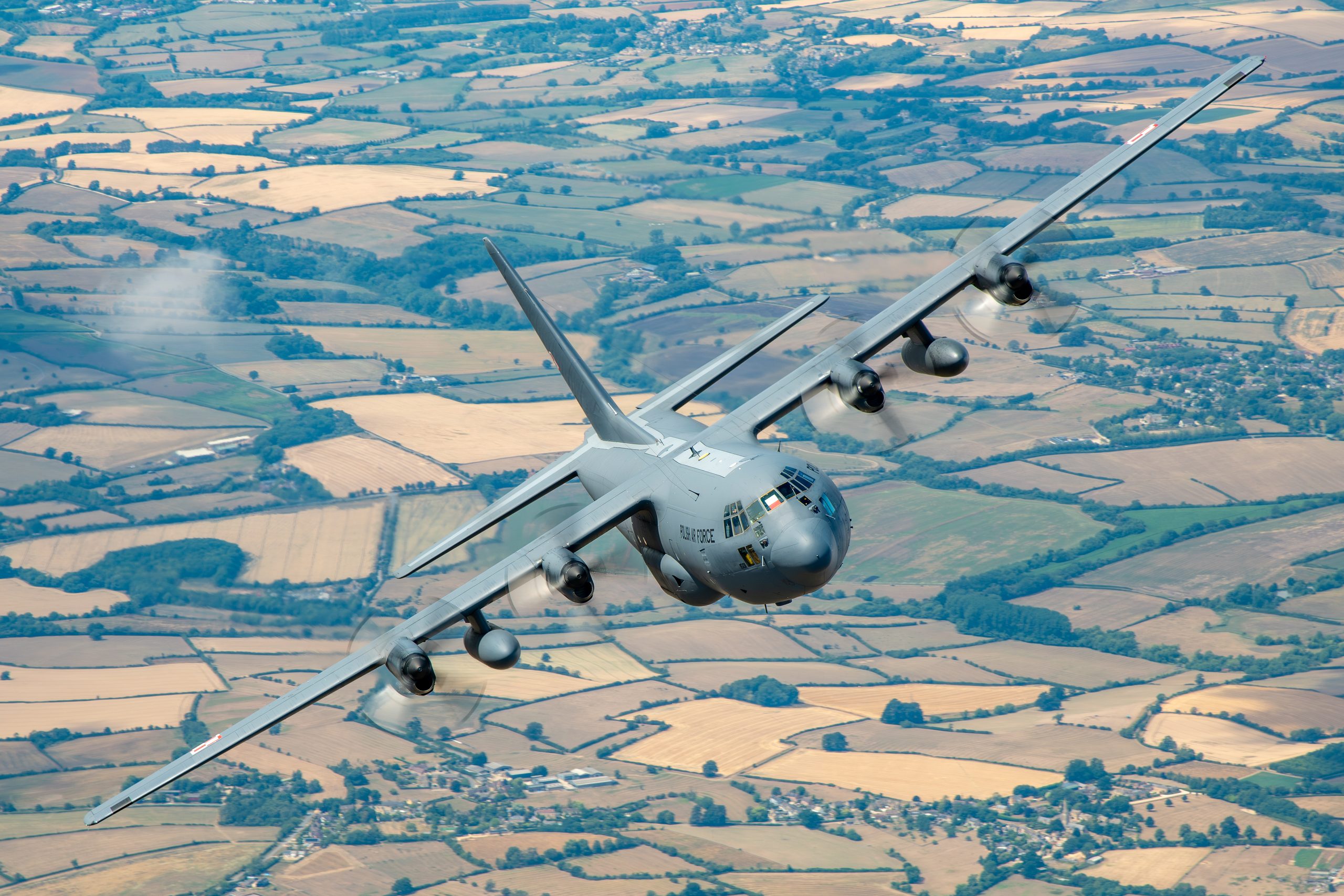 Polish Air Force C-130E Hercules head-on over Cotswold fields near RAF Fairford