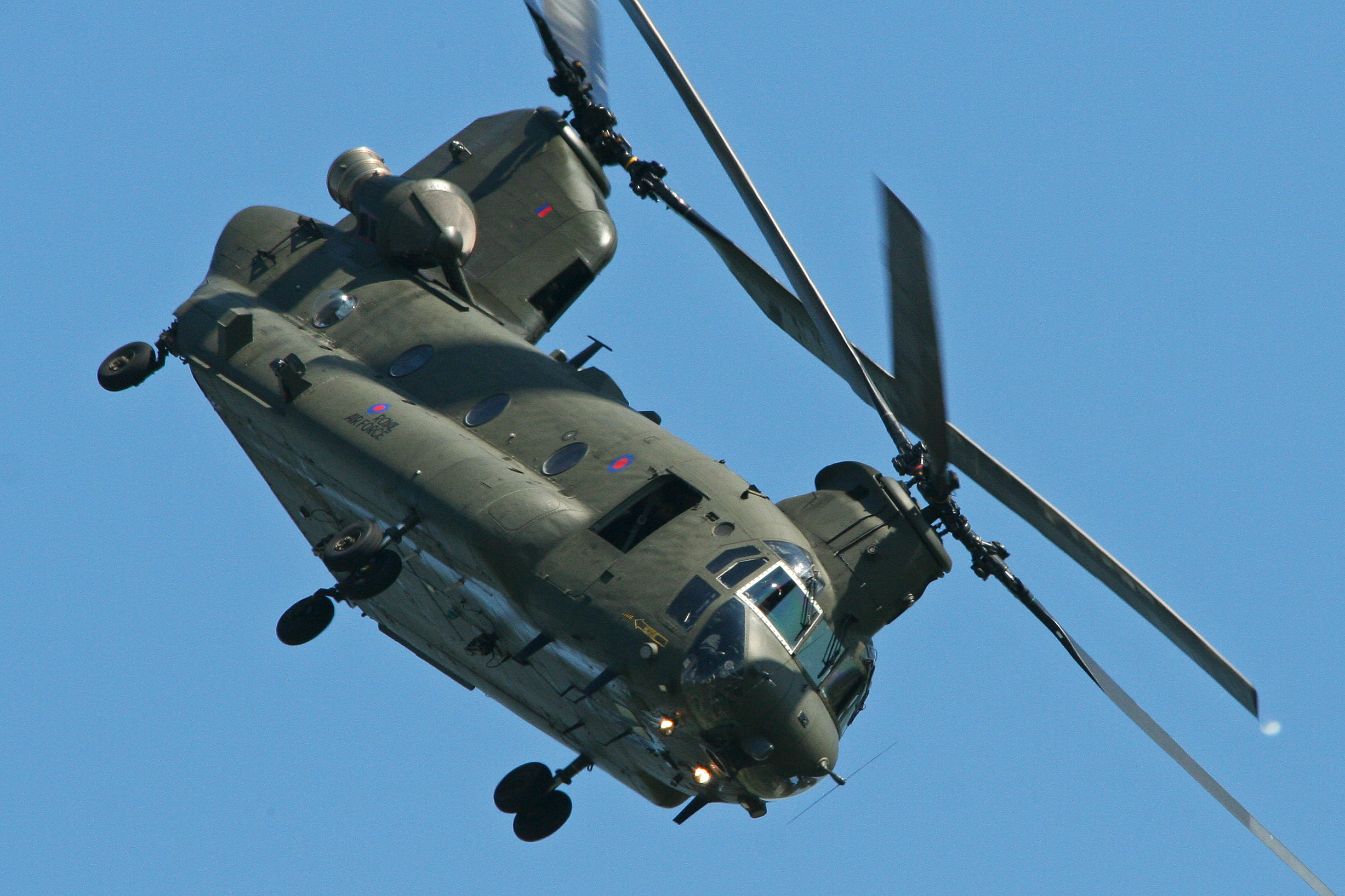 RAF Chinook helicopter displaying at the 2013 Waddington Airshow