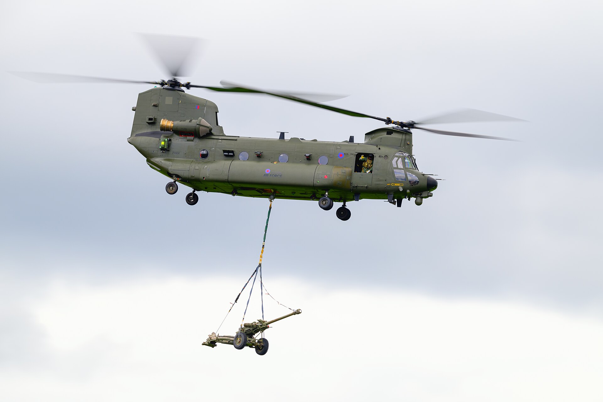 RAF Chinook display helicopter banking at the RAF Cosford Air Show