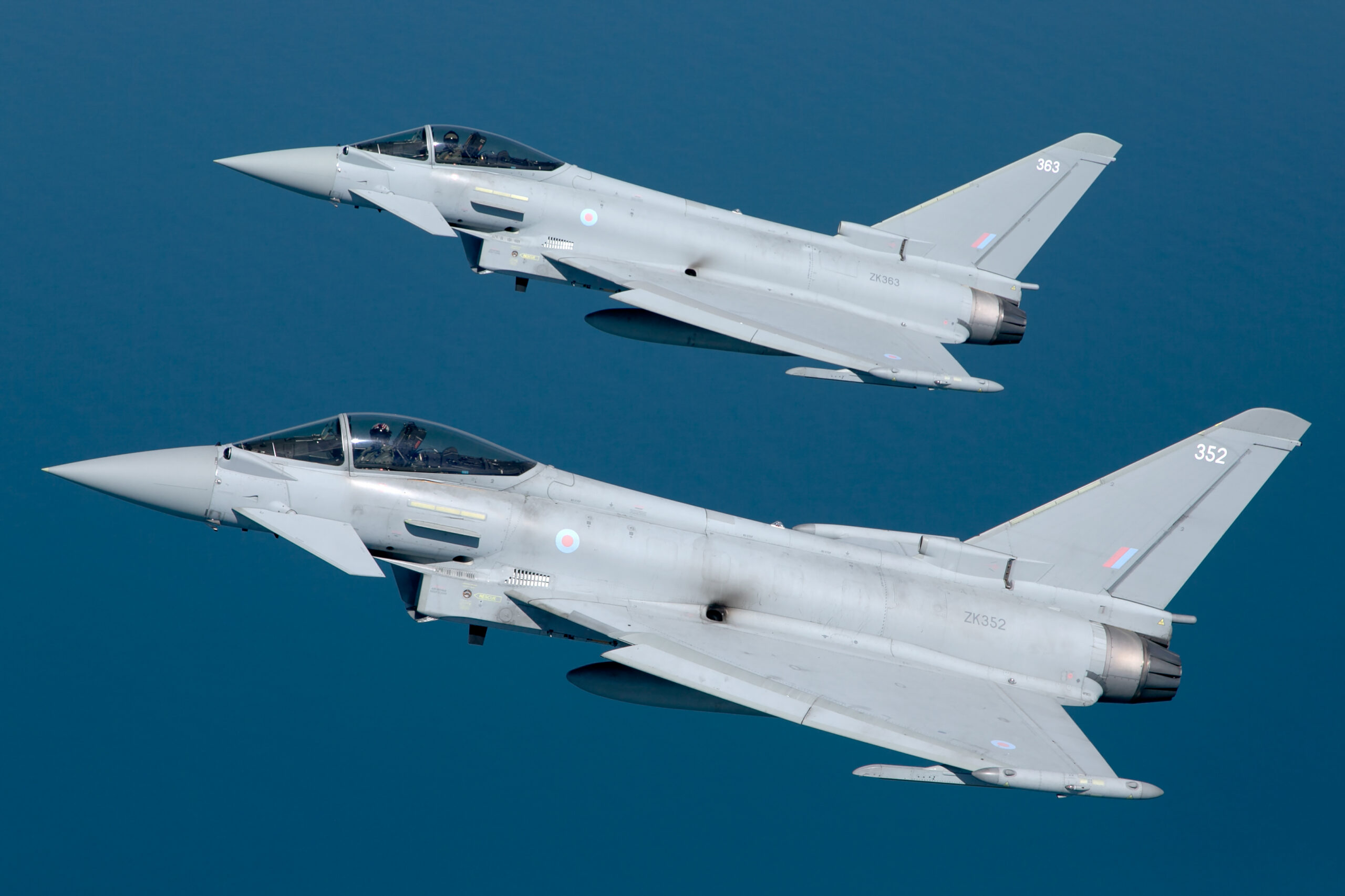 Two RAF Eurofighter Typhoon FGR4s in close formation air to air