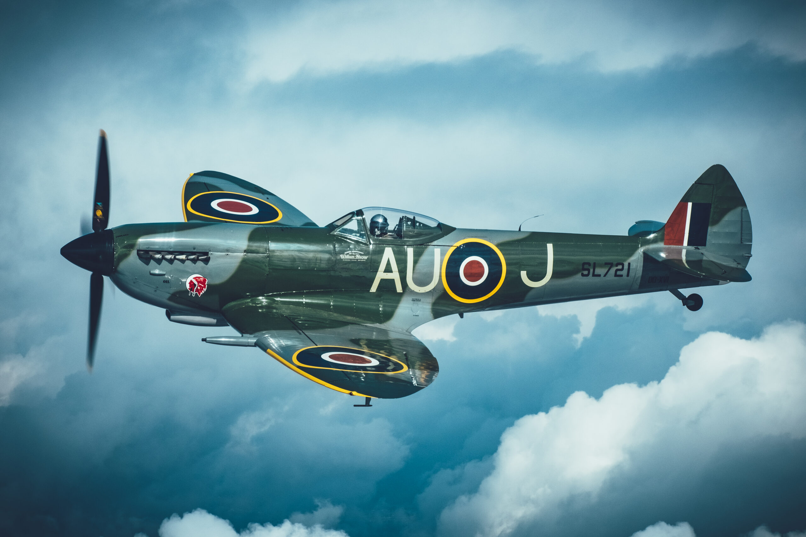 Supermarine Spitfire LF16E SL721 AU-J air to air among clouds