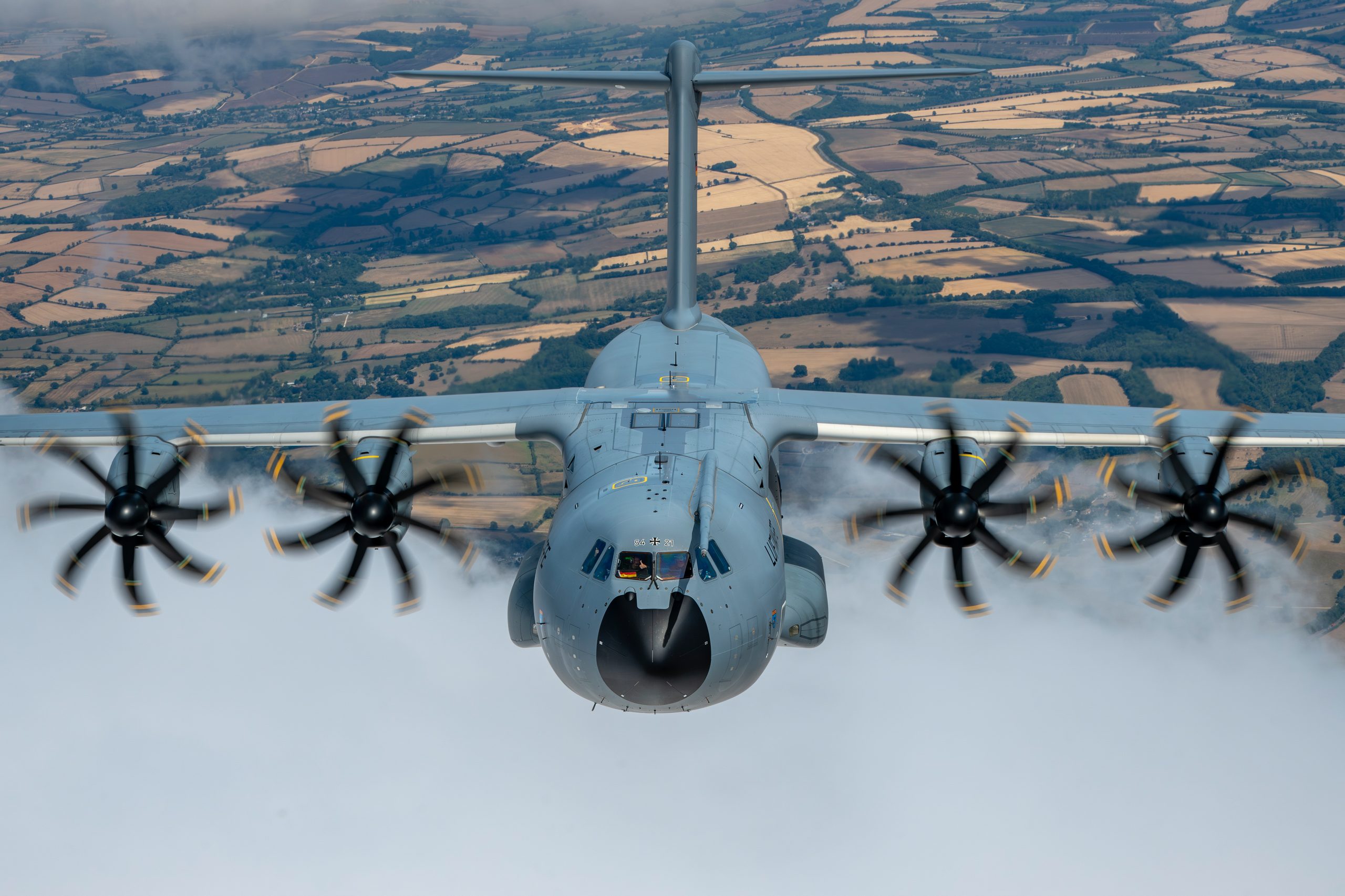 German Air Force A400M Atlas head on with turning propeller discs