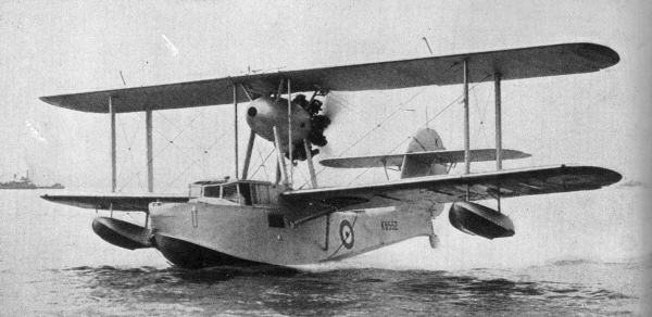 Supermarine Walrus amphibian biplane with pusher propeller in flight