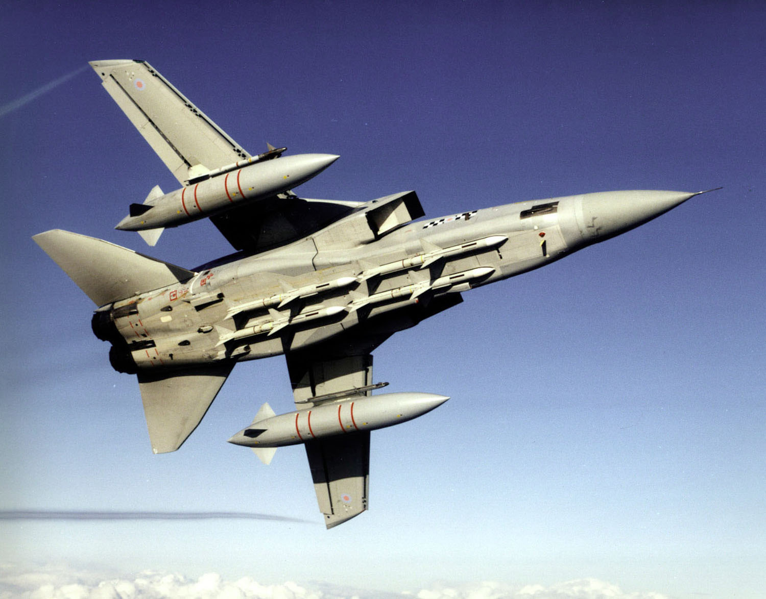 An RAF Tornado F3 of 43 Squadron from RAF Leuchars flying above cloud