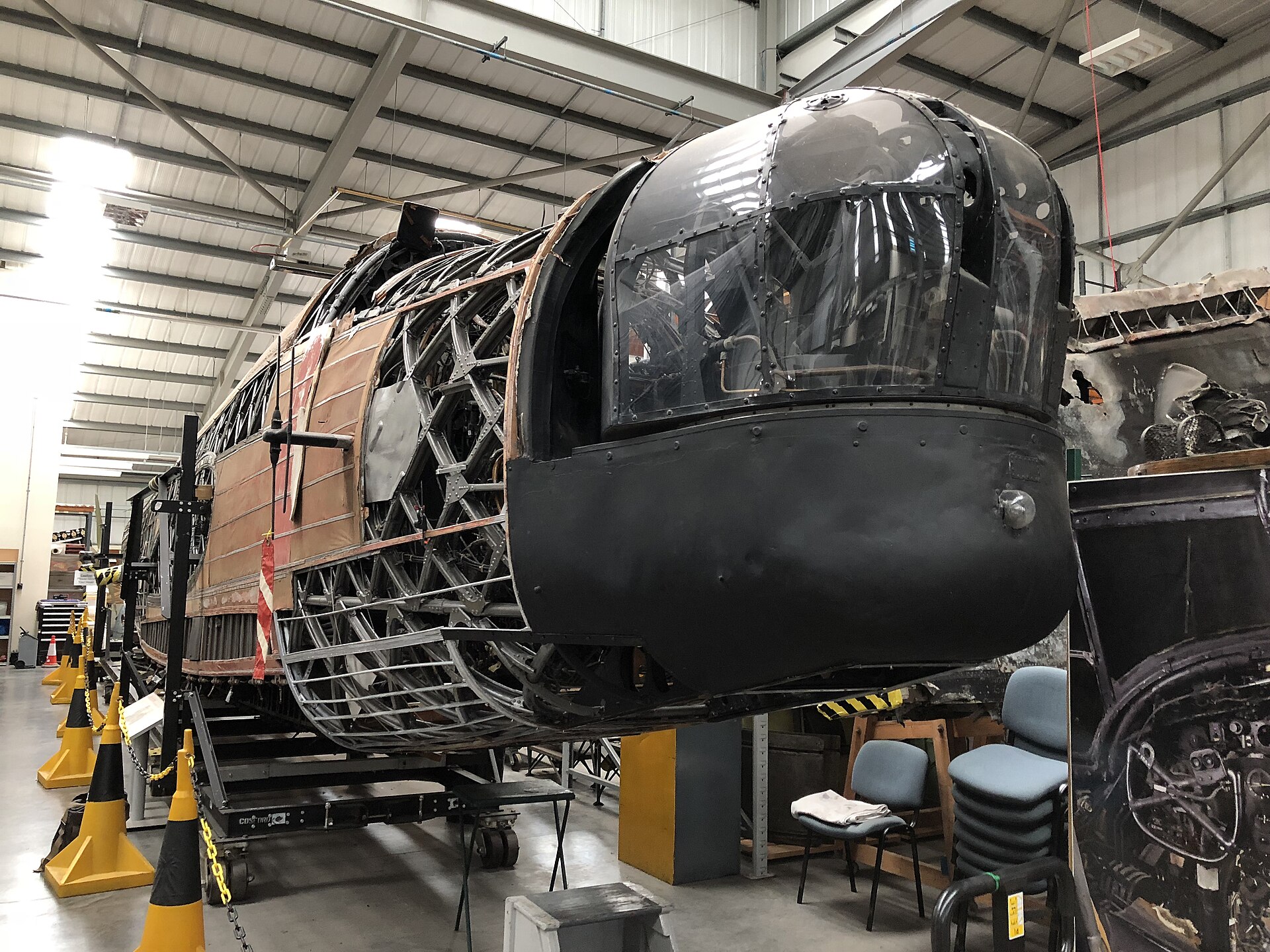 Vickers Wellington MF628 under conservation at the RAF Museum with fabric removed from the geodetic structure