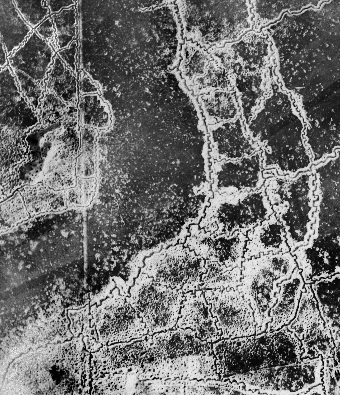 Aerial reconnaissance photograph showing the opposing trench lines and no man's land between Loos-en-Gohelle and Hulluch, France, taken on 22 July 1917