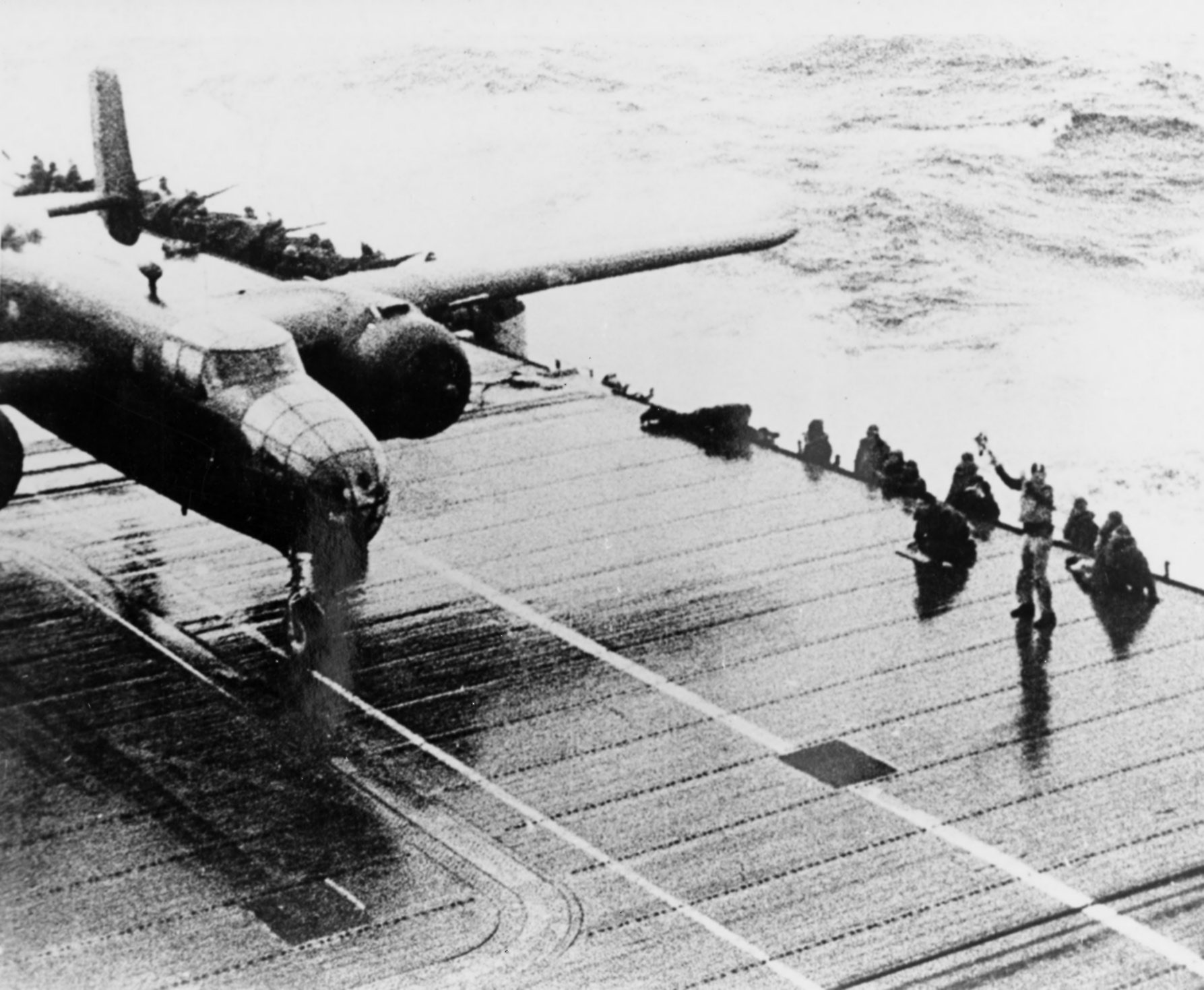 A B-25 Mitchell launches from USS Hornet on the Doolittle Raid, 18 April 1942