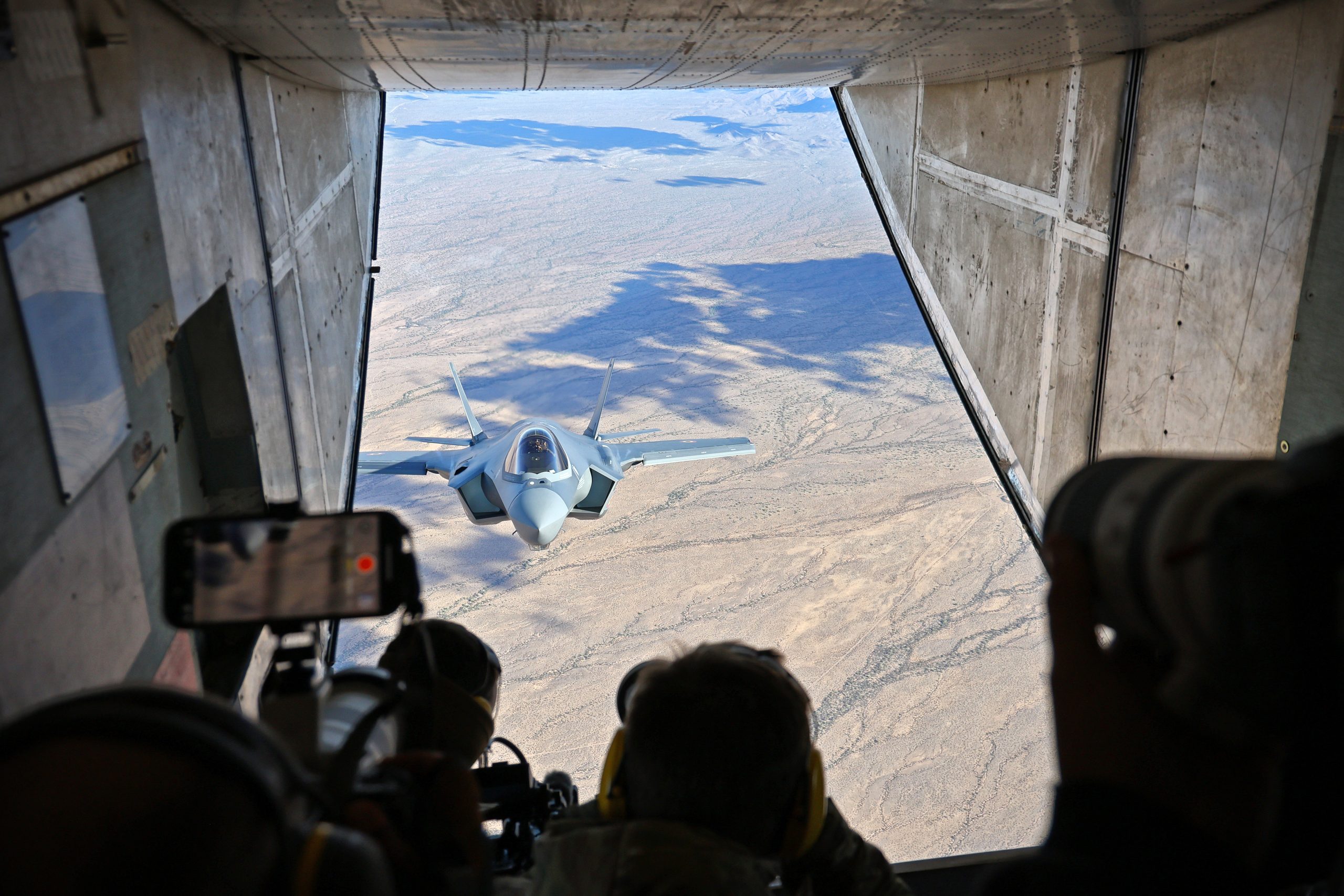 Belgian Air Force F-35A seen from the camera ship ramp during the air-to-air photo mission