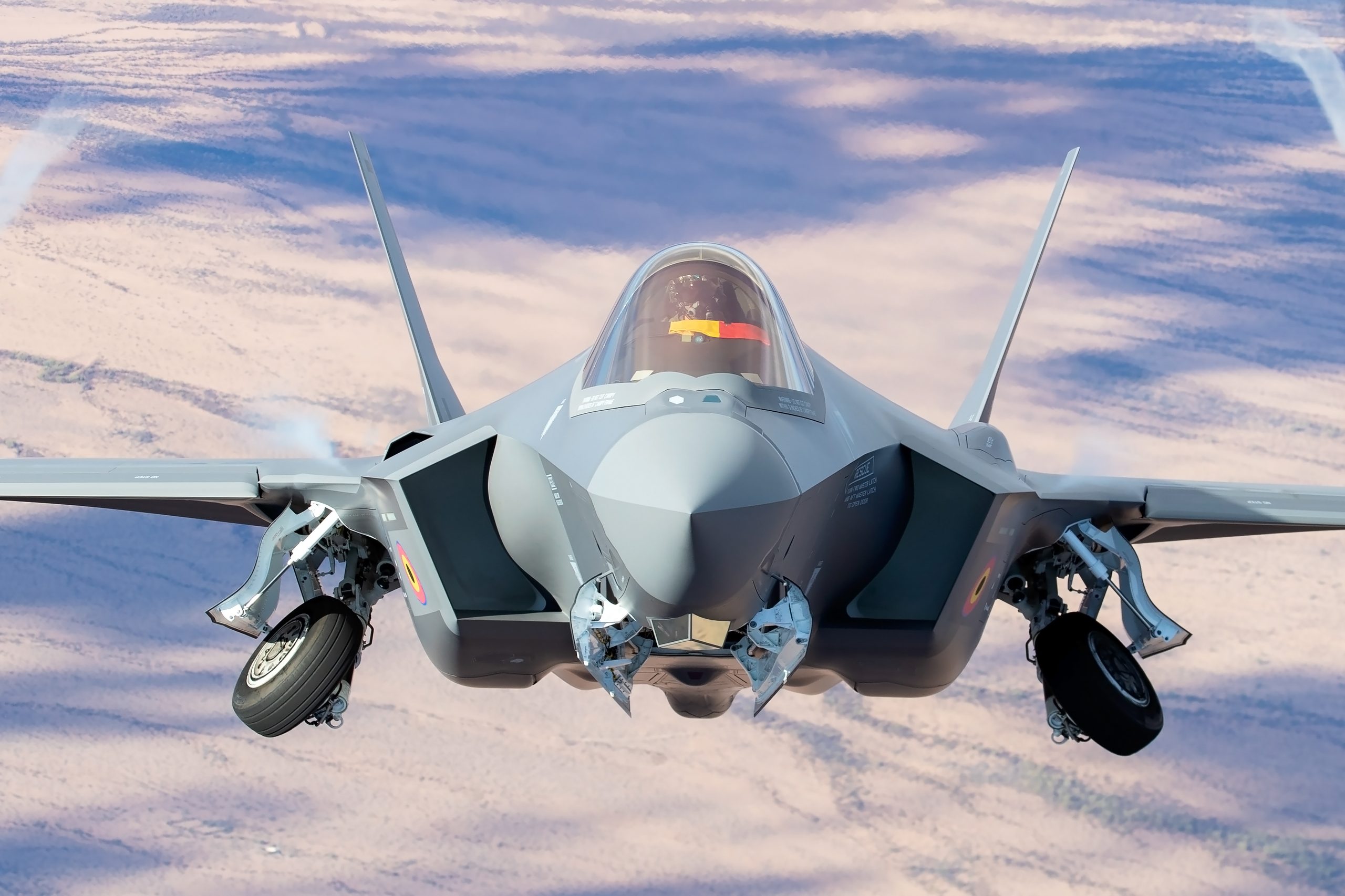 Belgian Air Force F-35A Lightning II head on with gear down, close air to air