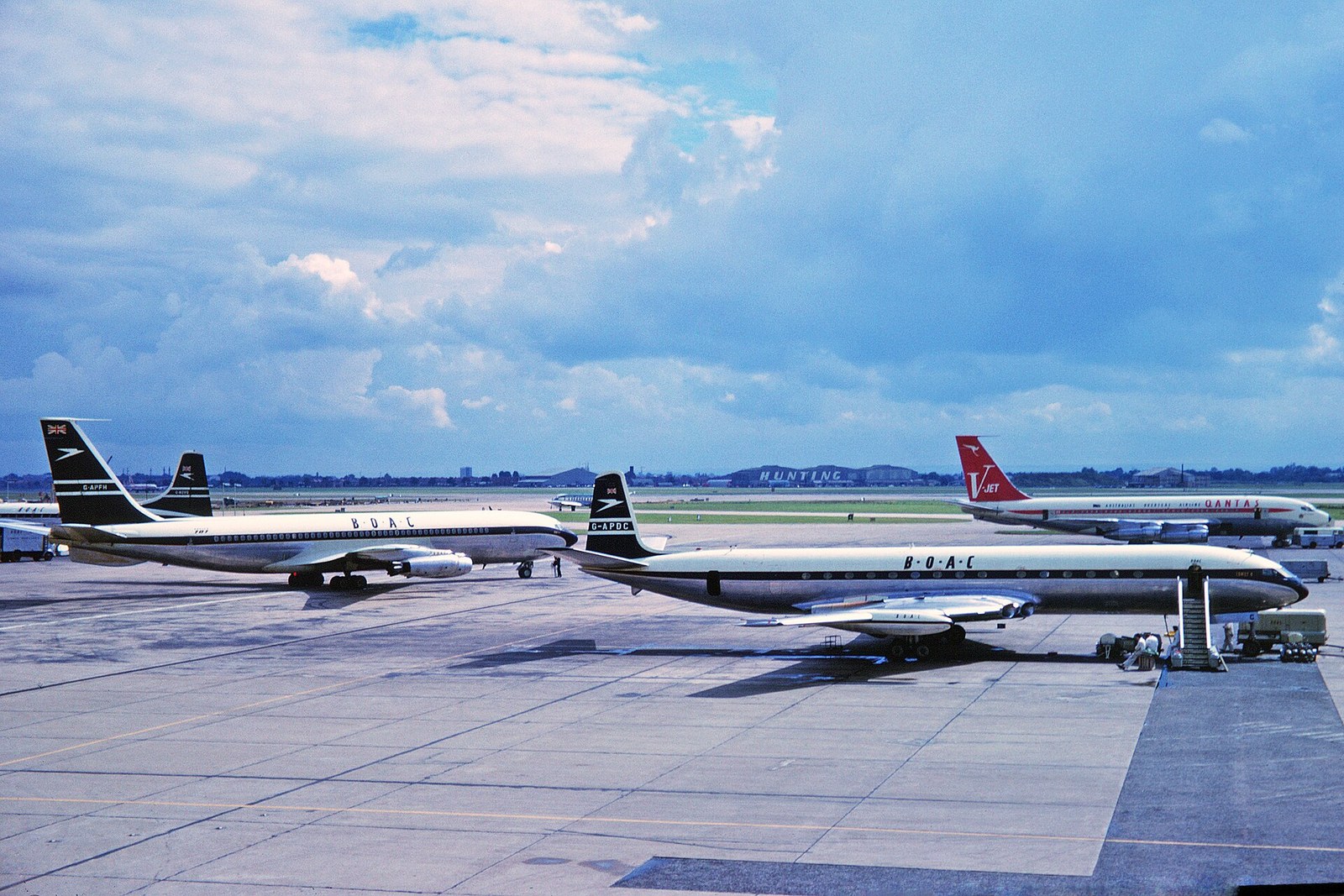 BOAC Comet 4 and Boeing 707 parked together on the apron at London Heathrow in 1963