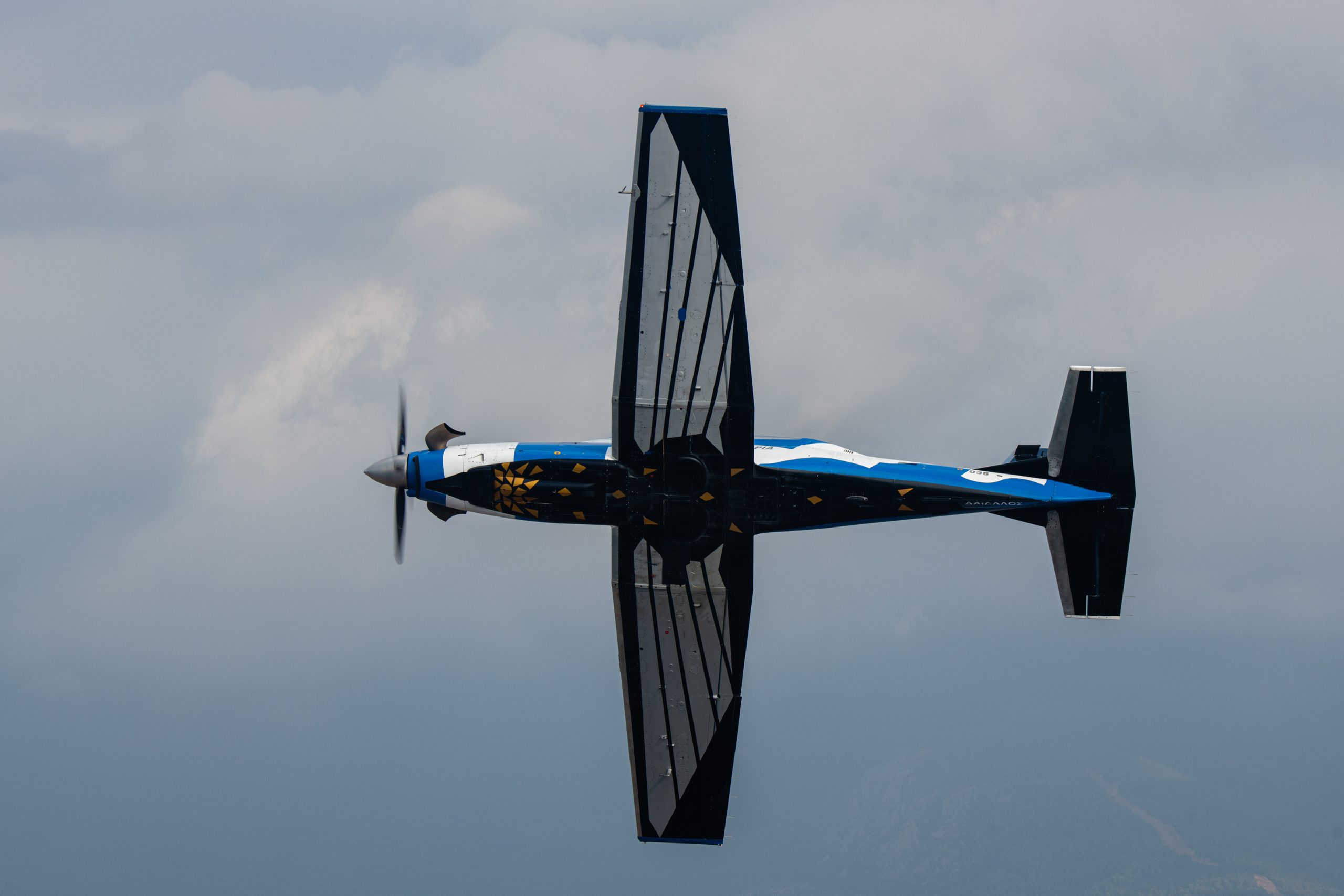 Hellenic Air Force Daedalus Demo Team T-6A Texan II head on with smoke, air to air