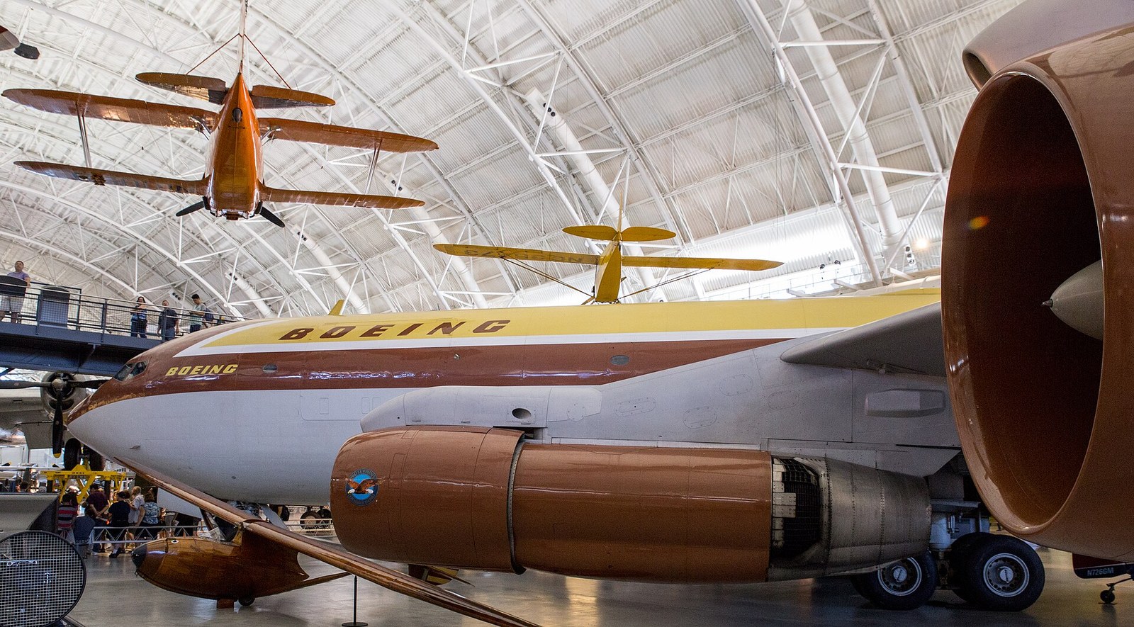 Boeing 367-80 on display at the Steven F. Udvar-Hazy Center with other aircraft suspended above