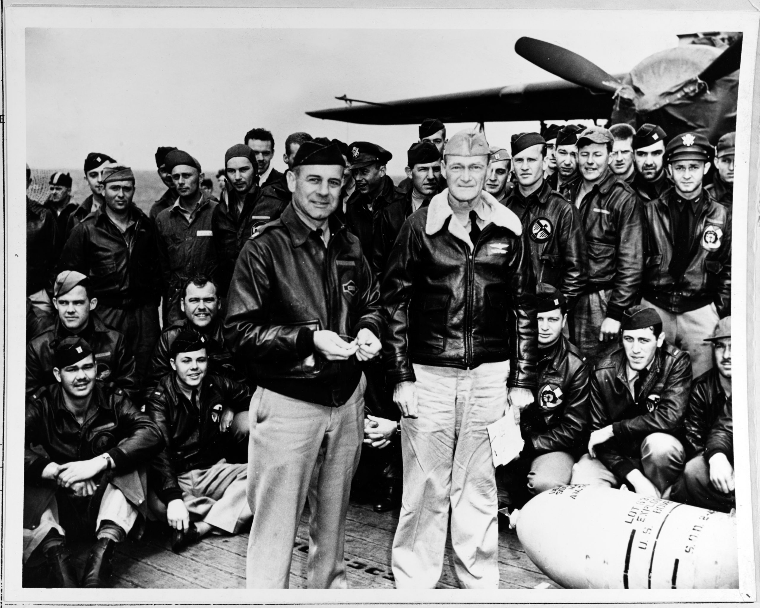 Doolittle and Captain Marc Mitscher with Doolittle Raider crews on USS Hornet, April 1942