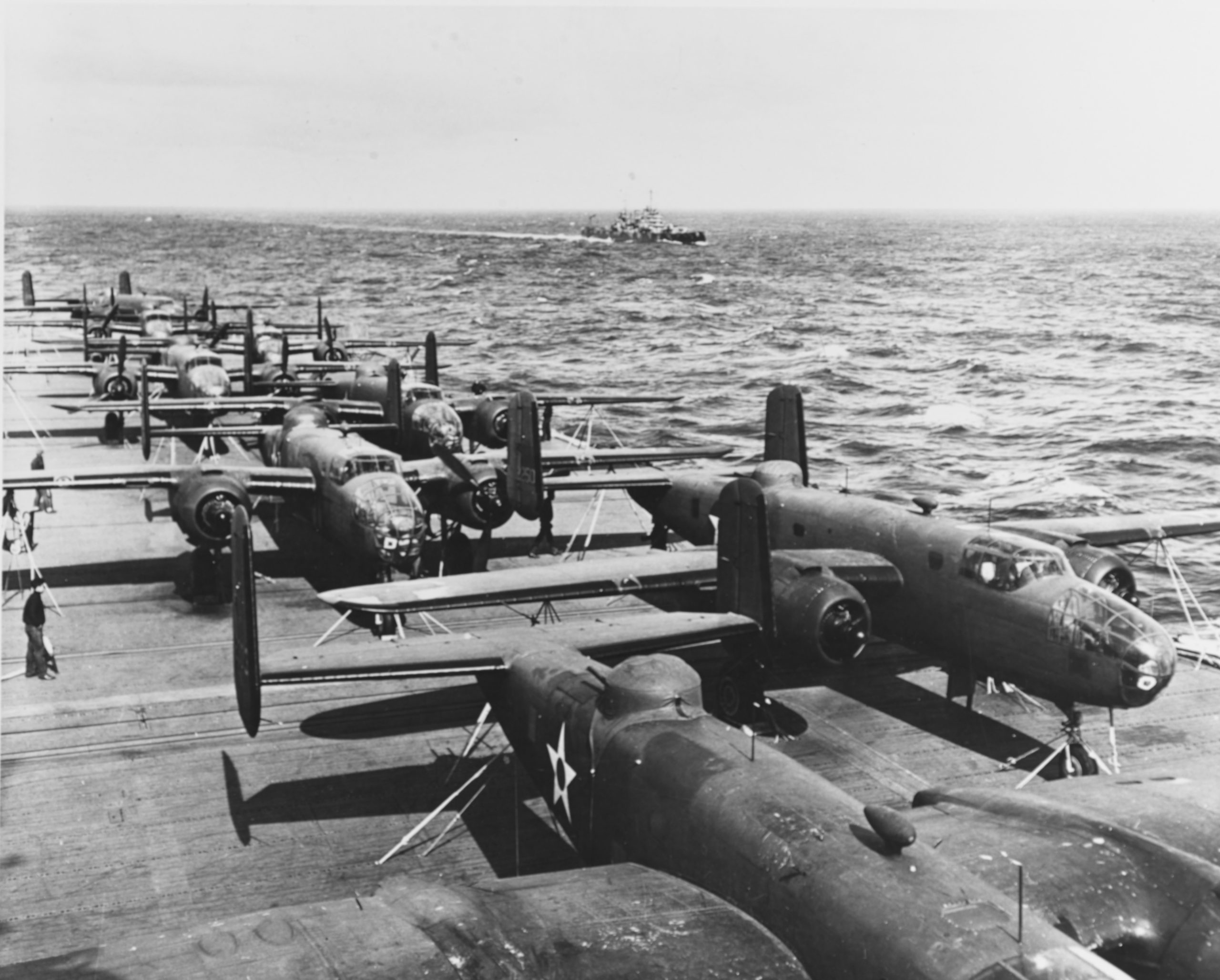 B-25 Mitchell bombers packed on the flight deck of USS Hornet en route to Japan, April 1942