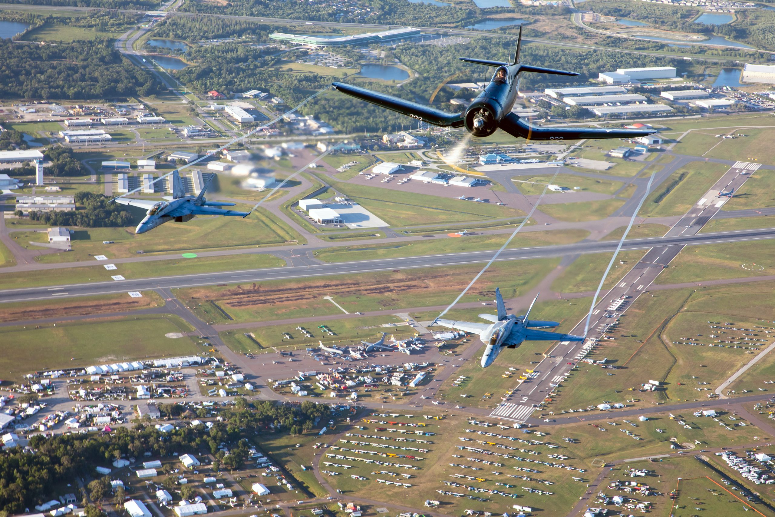 Goodyear FG-1D Corsair with two Blue Angels Super Hornets over the Sun n Fun airfield